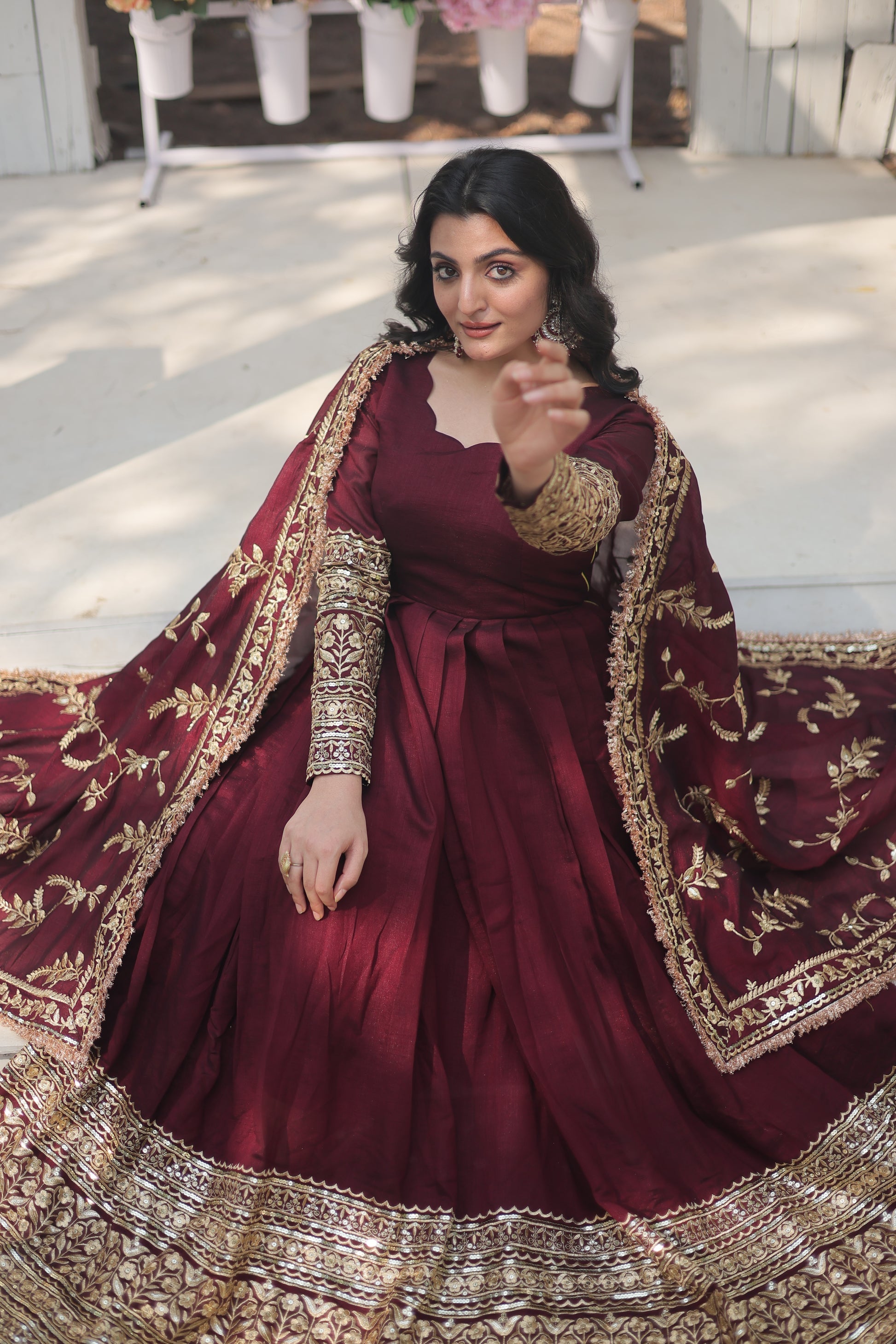 Maroon embroidered Savi designer flared Anarkali gown