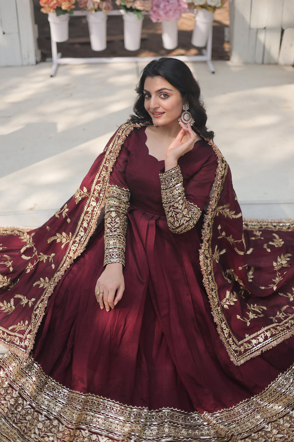 Maroon embroidered Savi designer flared Anarkali gown