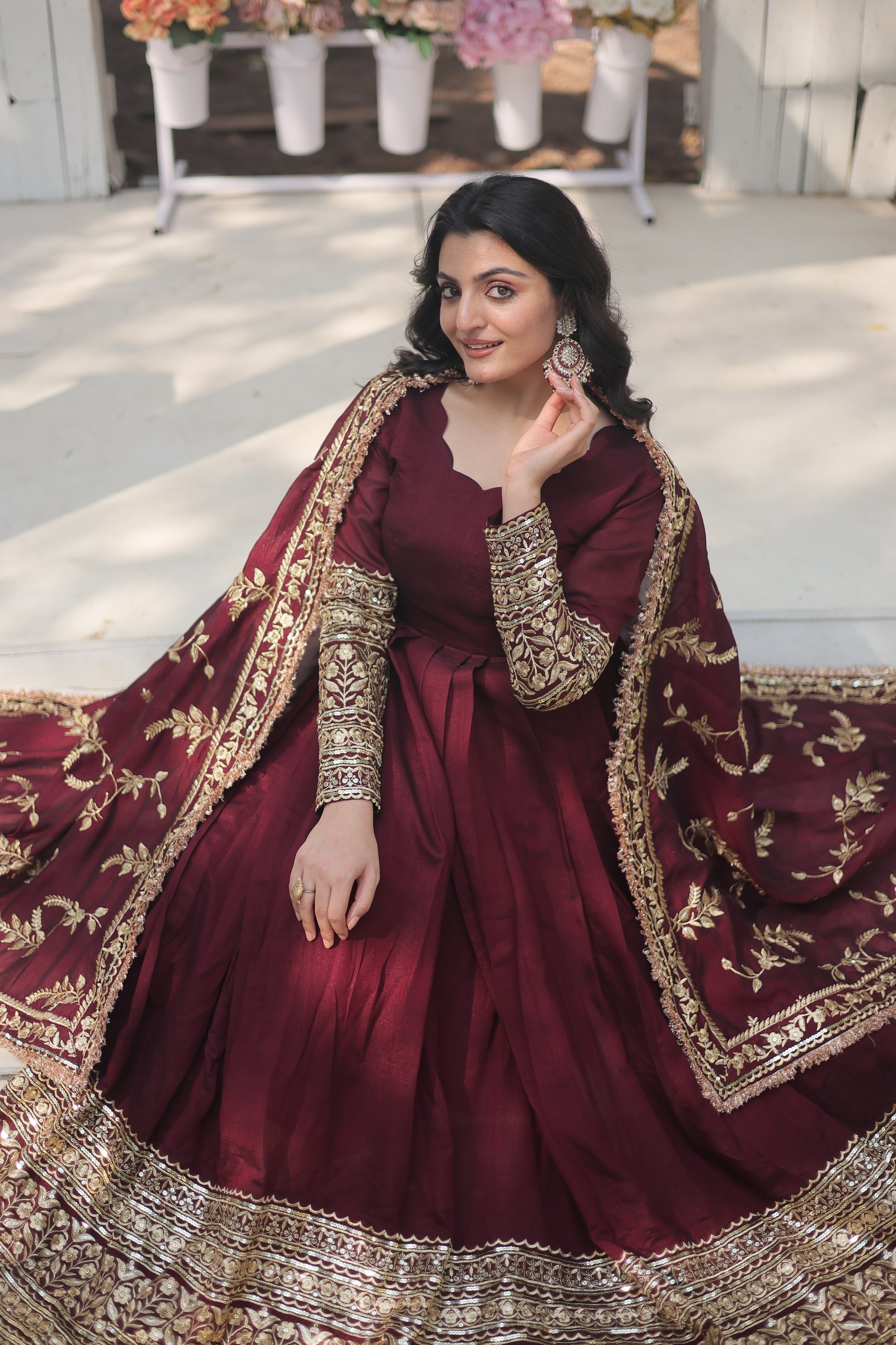 Maroon embroidered Savi designer flared Anarkali gown