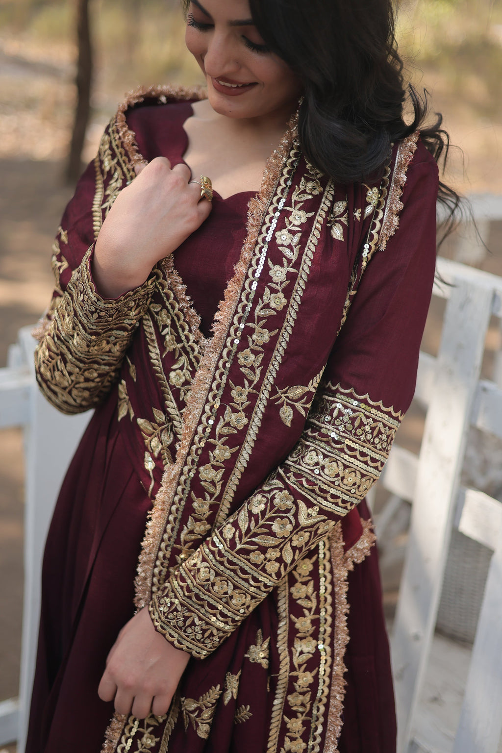 Maroon embroidered Savi designer flared Anarkali gown