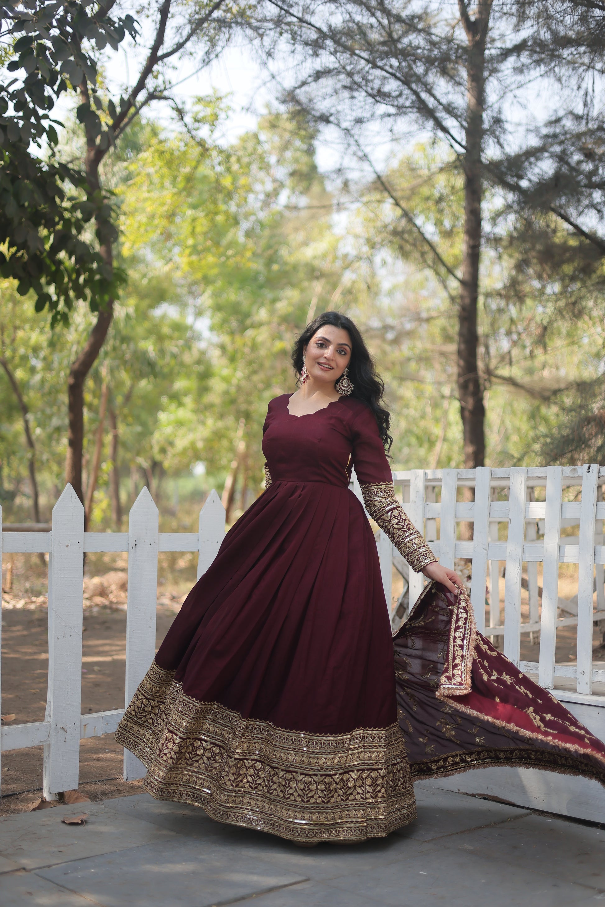 Maroon embroidered Savi designer flared Anarkali gown