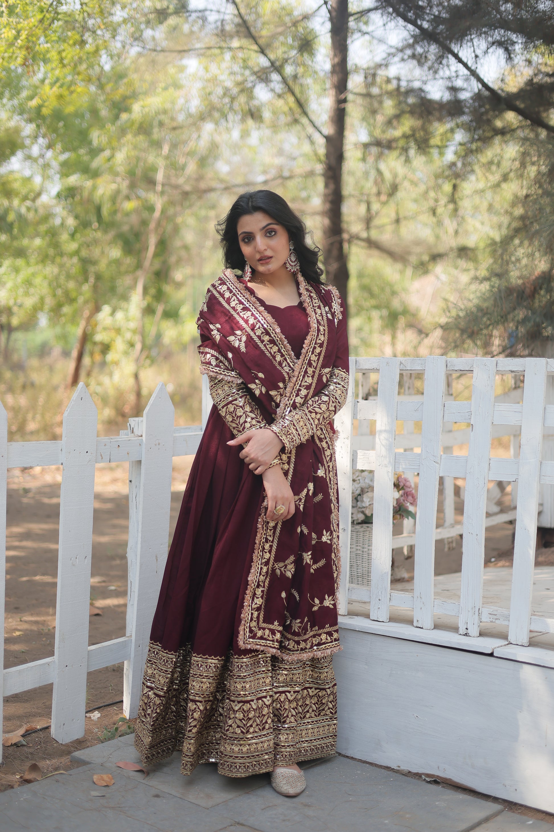 Maroon embroidered Savi designer flared Anarkali gown