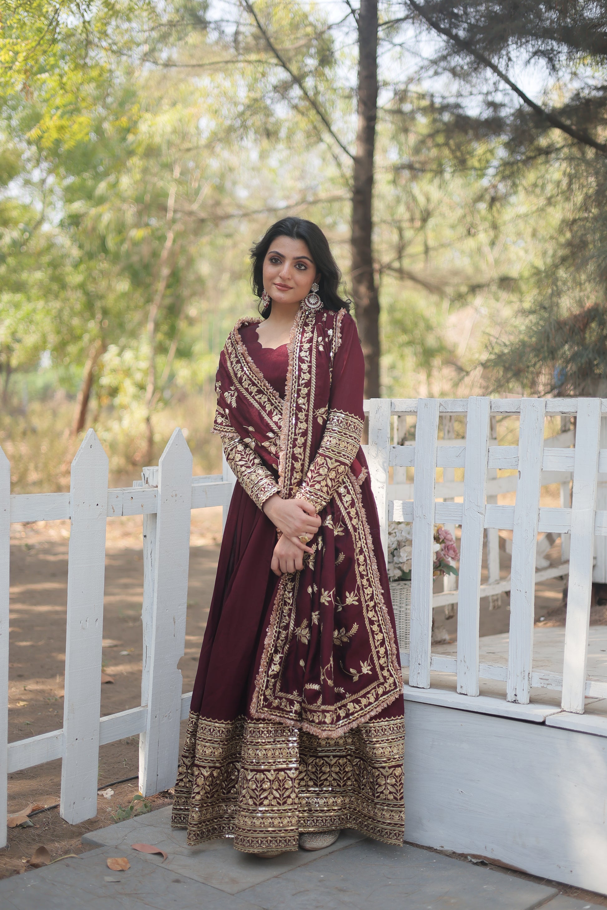 Maroon embroidered Savi designer flared Anarkali gown