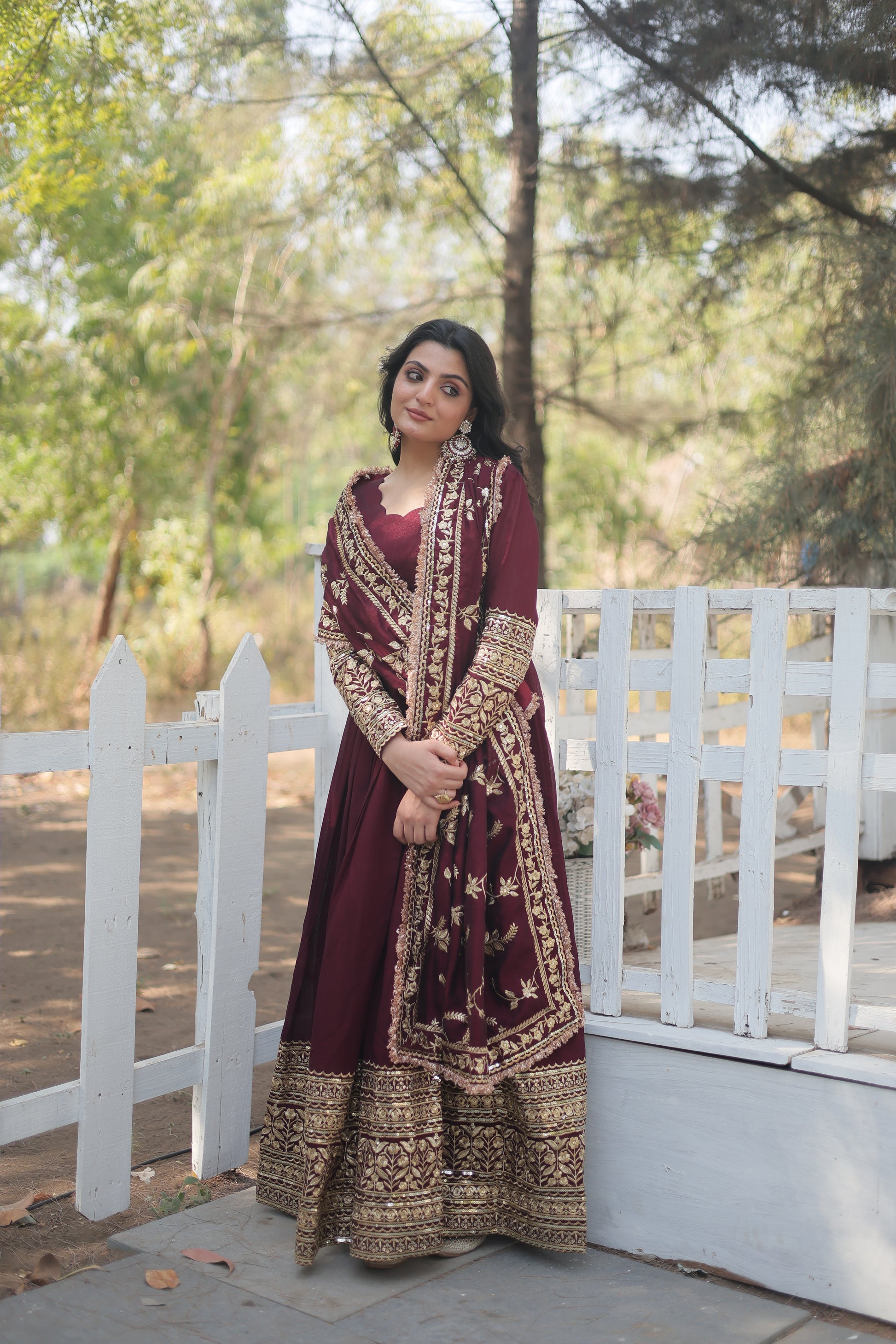 Maroon embroidered Savi designer flared Anarkali gown
