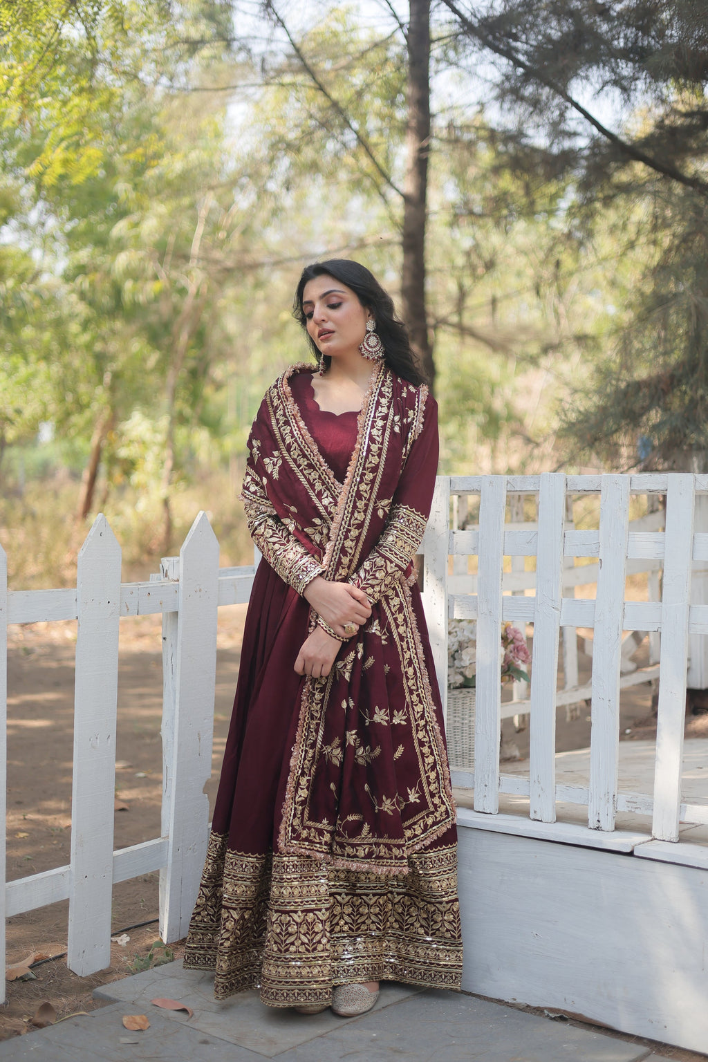 Maroon embroidered Savi designer flared Anarkali gown