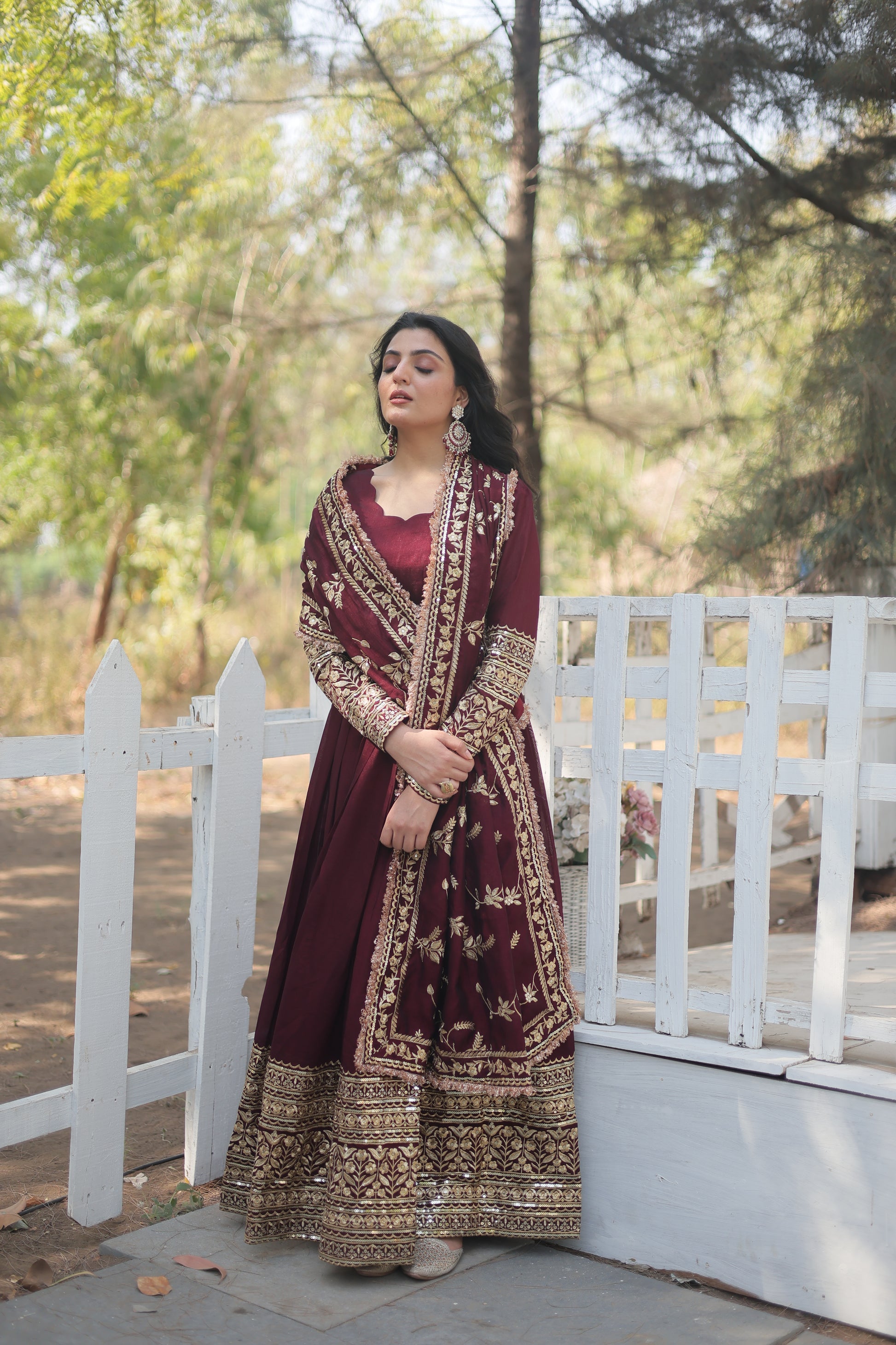 Maroon embroidered Savi designer flared Anarkali gown