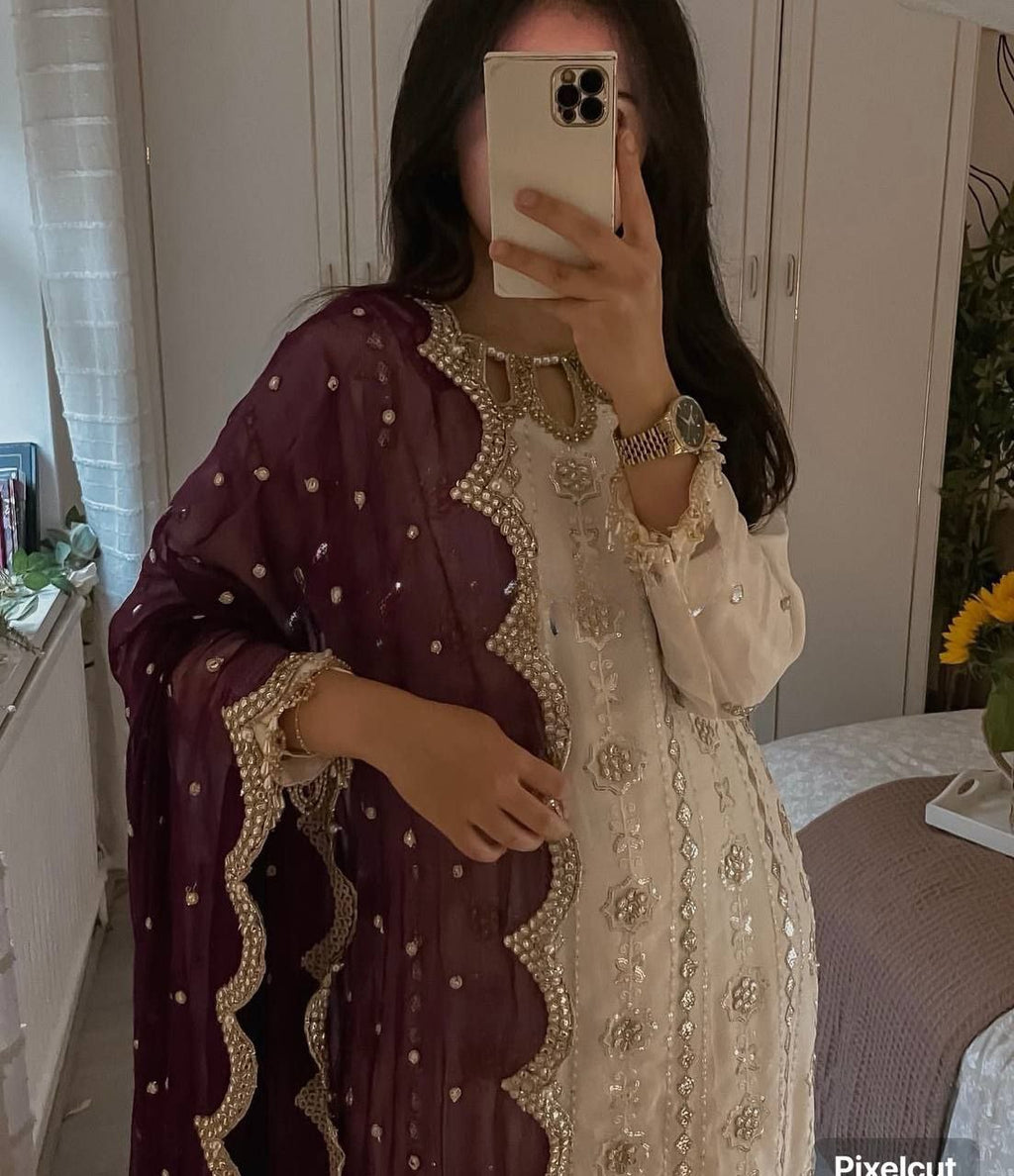 Rati White Georgette Embroidered Kurti Set