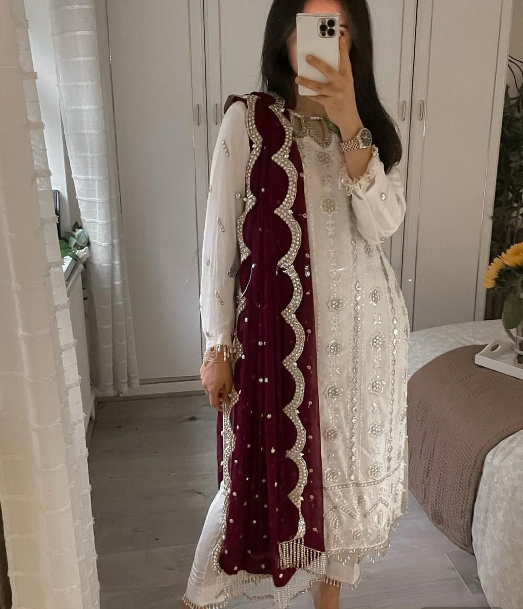 Rati White Georgette Embroidered Kurti Set