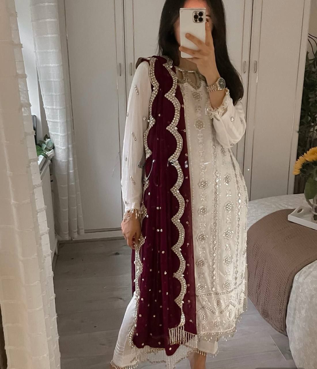 Rati White Georgette Embroidered Kurti Set