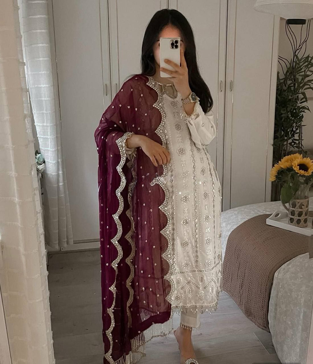 Rati White Georgette Embroidered Kurti Set