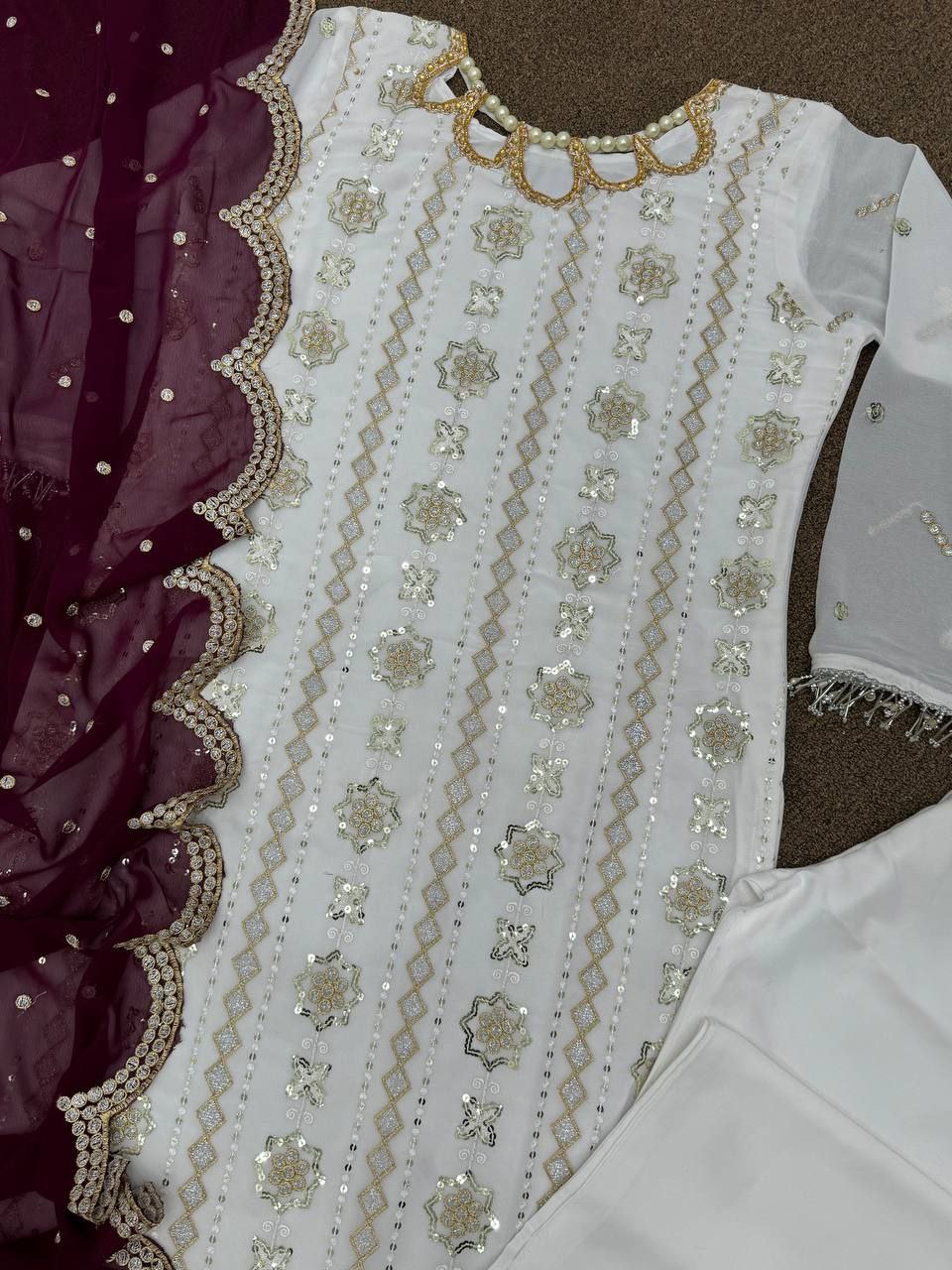 Rati White Georgette Embroidered Kurti Set