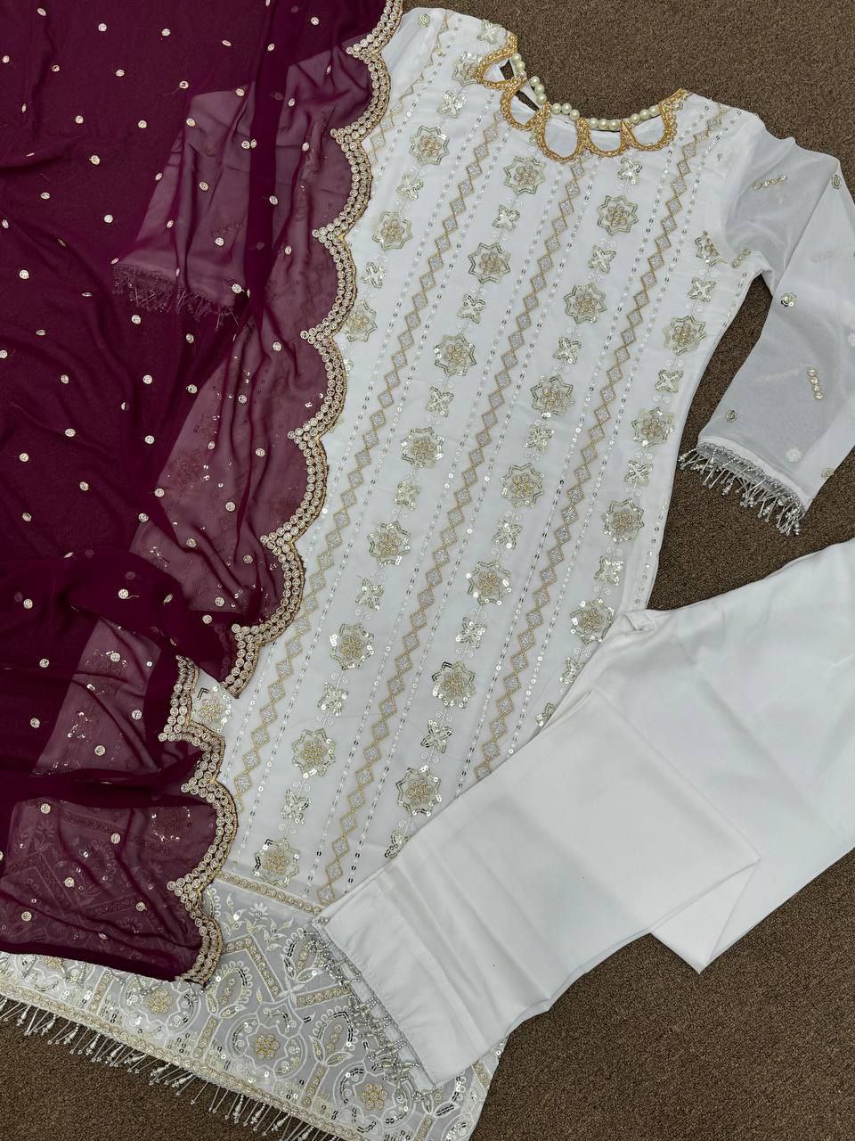 Rati White Georgette Embroidered Kurti Set