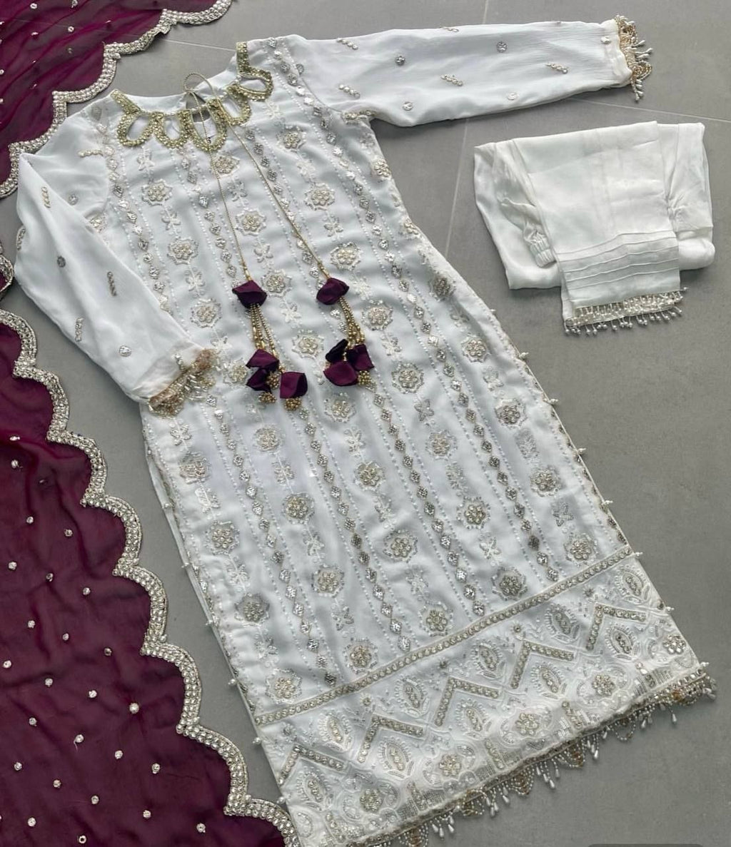 Rati White Georgette Embroidered Kurti Set