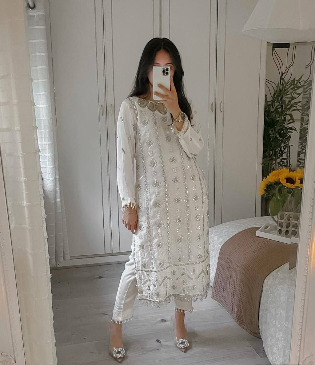 Rati White Georgette Embroidered Kurti Set