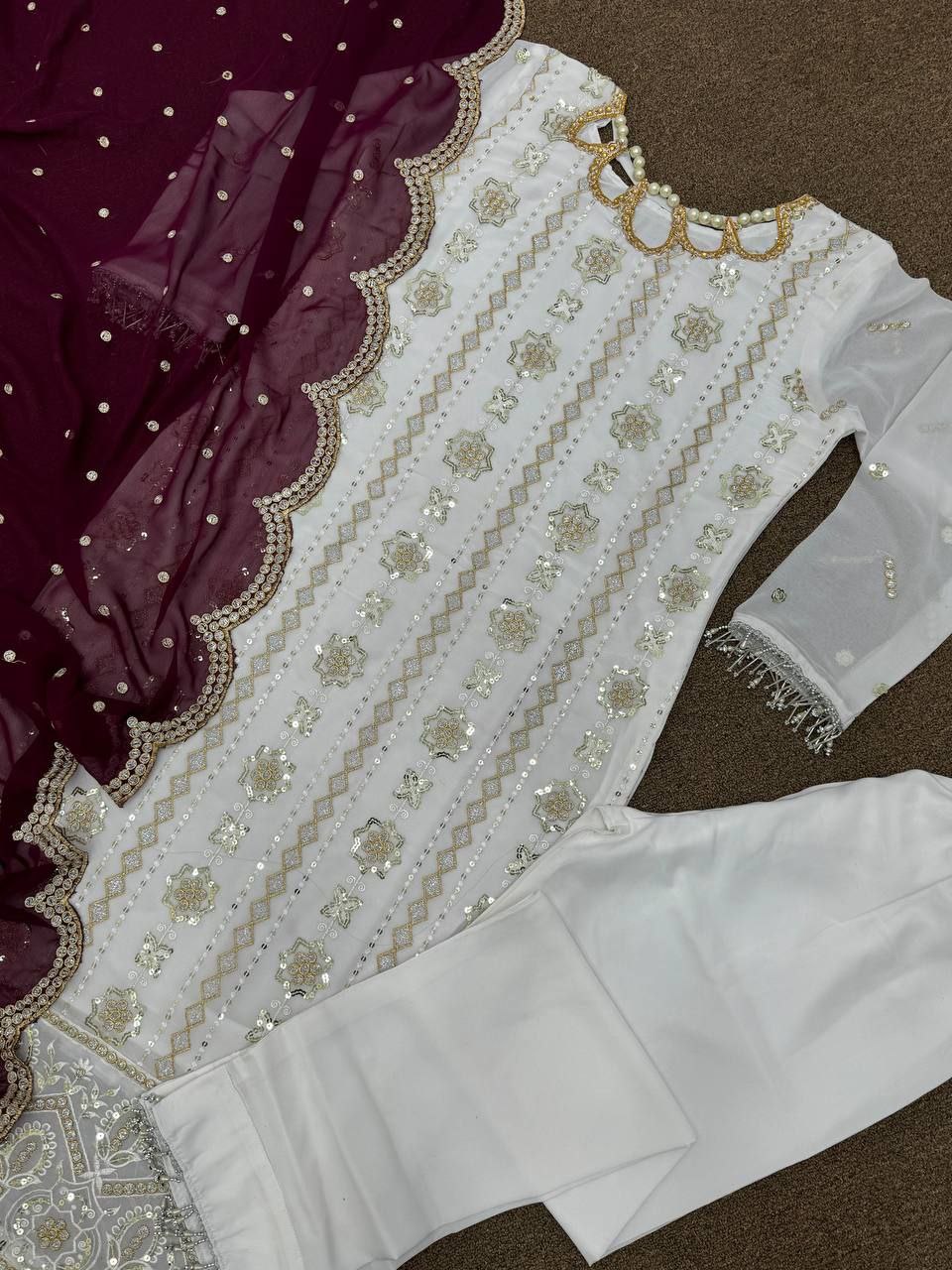 Rati White Georgette Embroidered Kurti Set