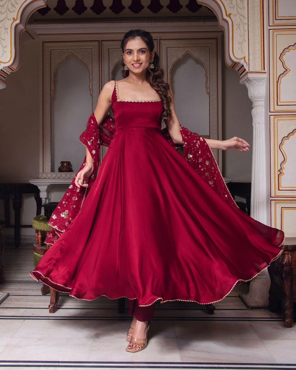 Manjula maroon anarkali gown suit set