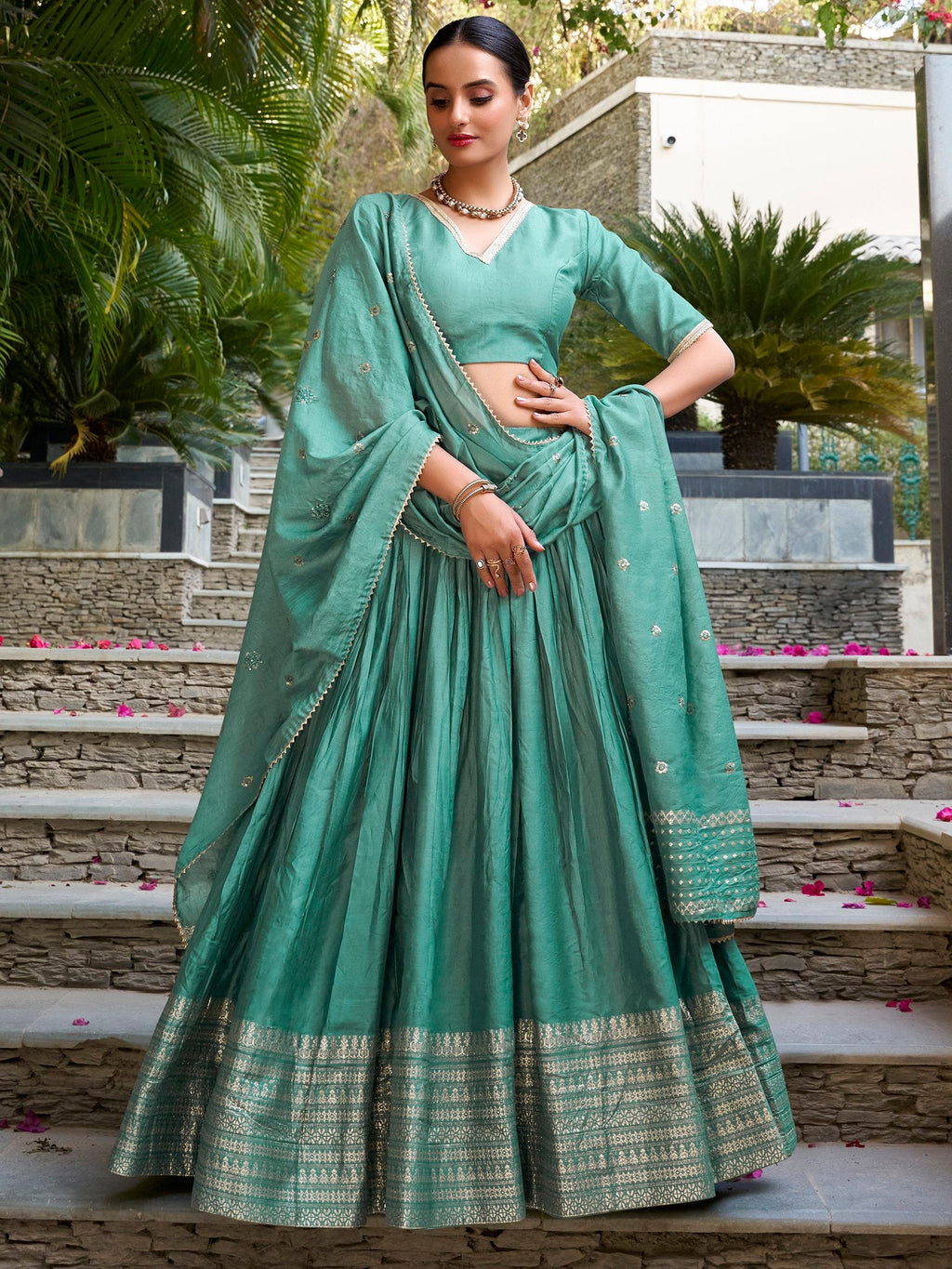 Sea Green Pure Chanderi Plain Zari Weaving Lehenga Choli