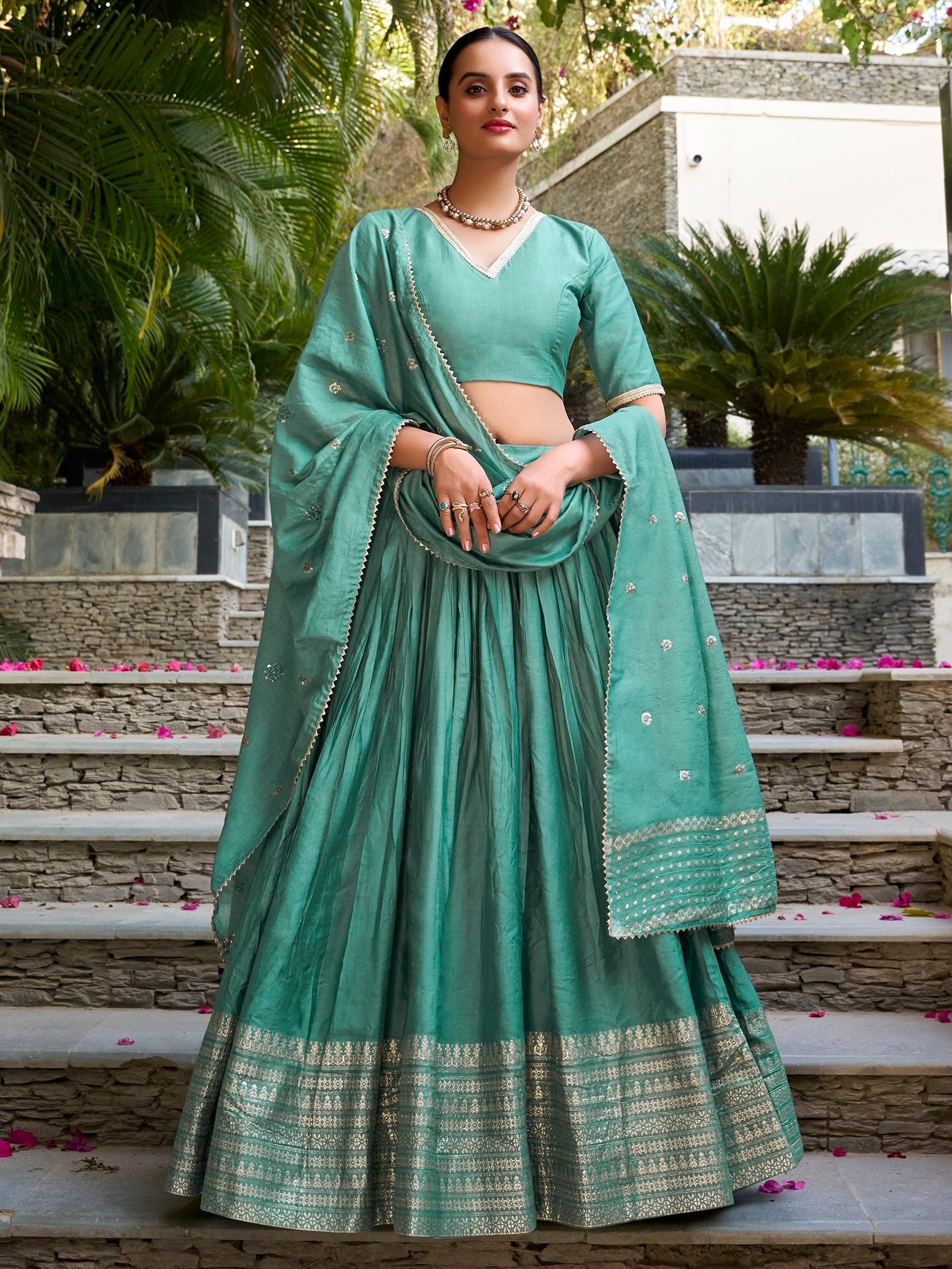 Sea Green Pure Chanderi Plain Zari Weaving Lehenga Choli