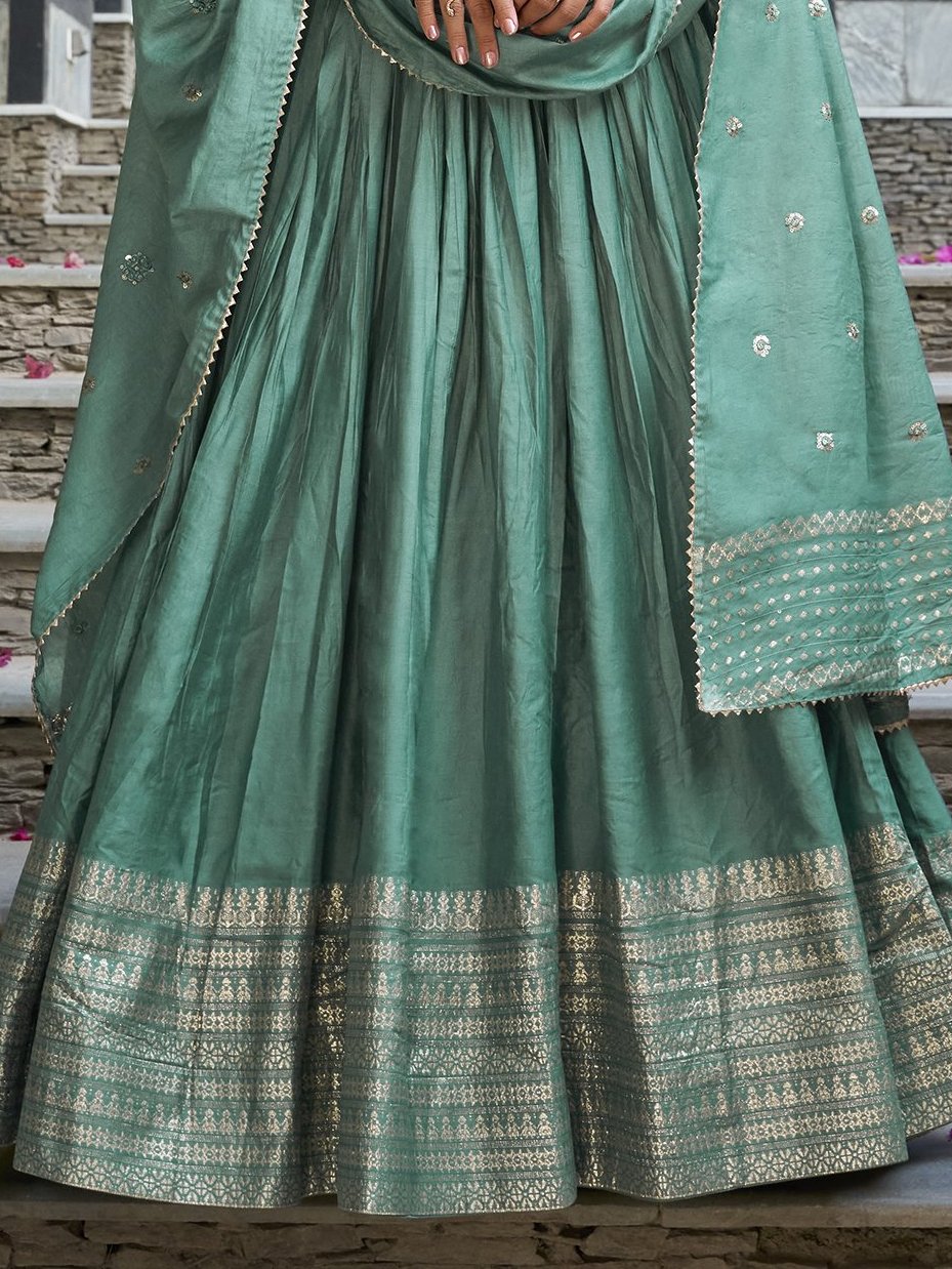 Sea Green Pure Chanderi Plain Zari Weaving Lehenga Choli