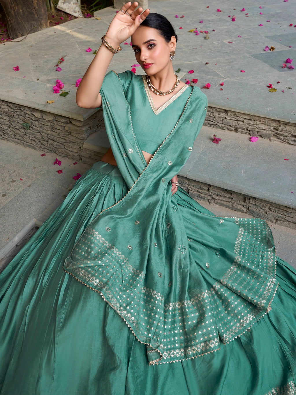 Sea Green Pure Chanderi Plain Zari Weaving Lehenga Choli