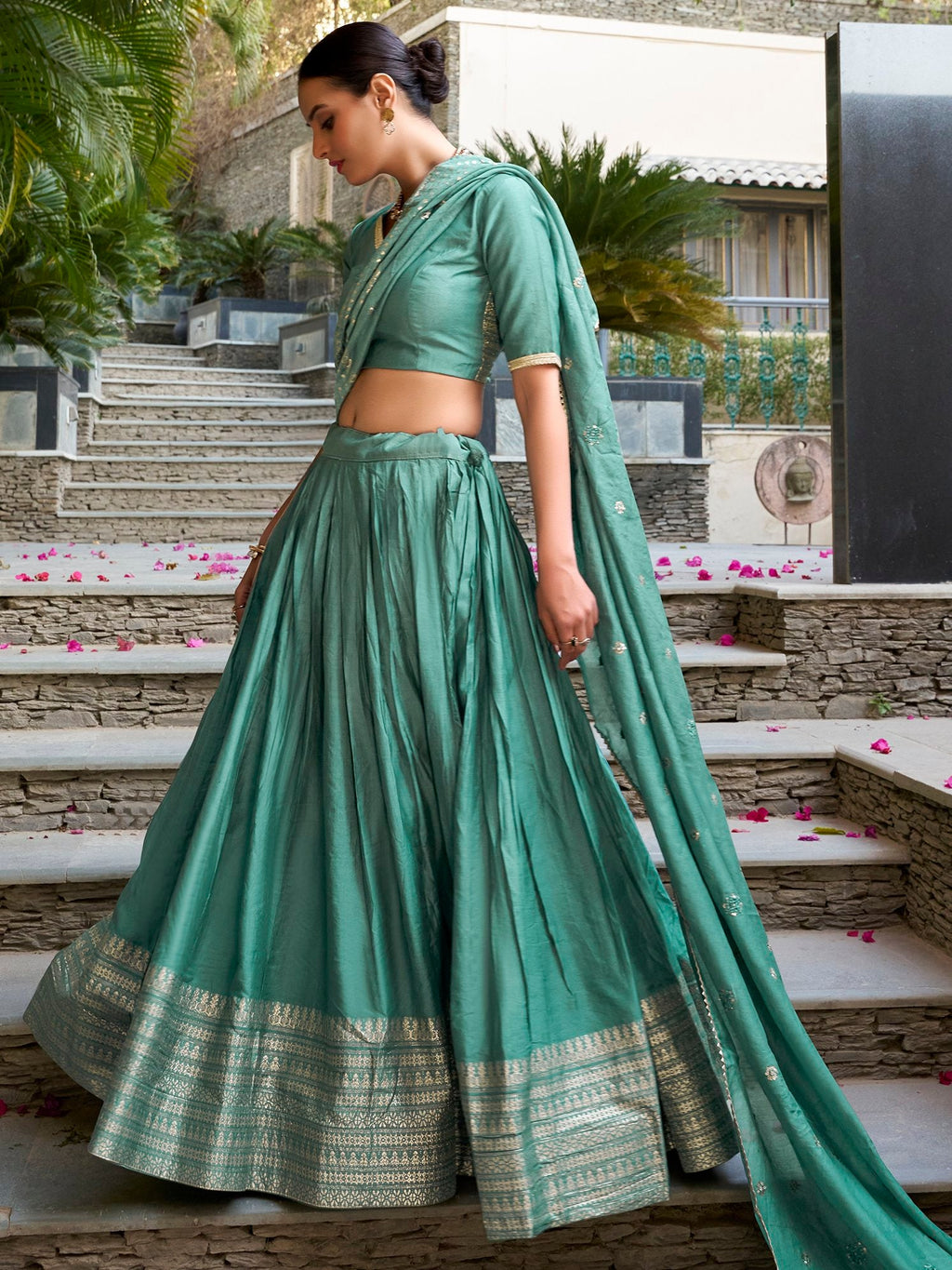 Sea Green Pure Chanderi Plain Zari Weaving Lehenga Choli