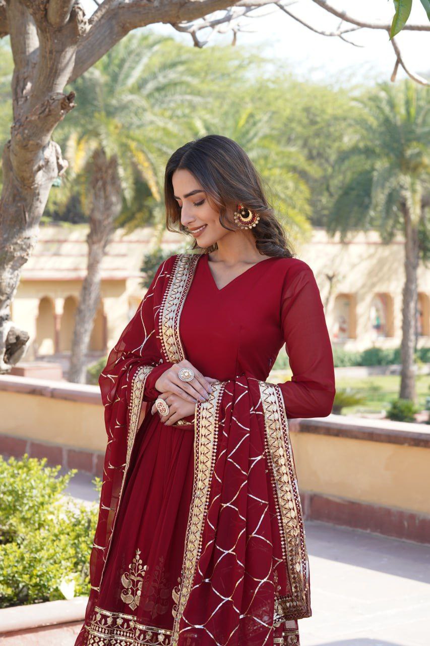 Anagha Maroon Georgette Embroidered Anarkali Gown Set