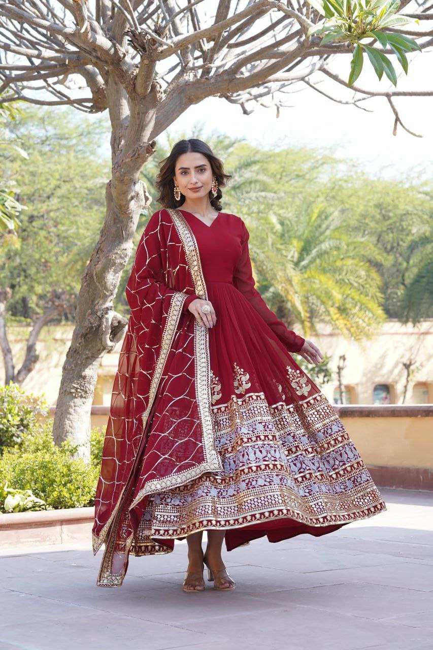 Anagha Maroon Georgette Embroidered Anarkali Gown Set