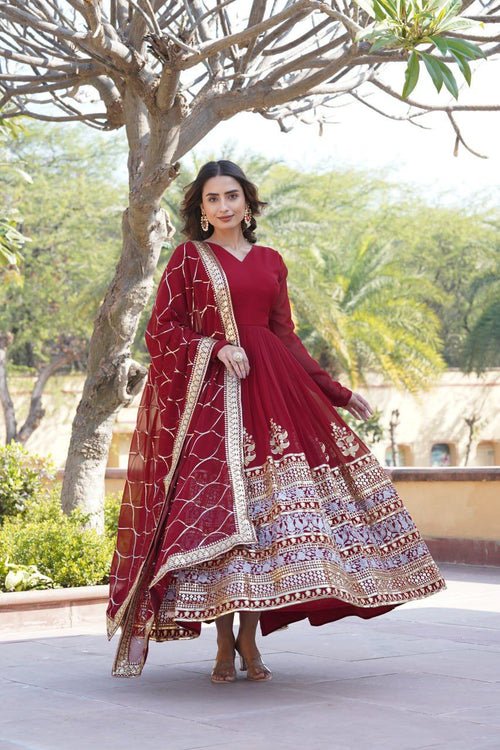 Anagha maroon georgette embroidered anarkali gown set