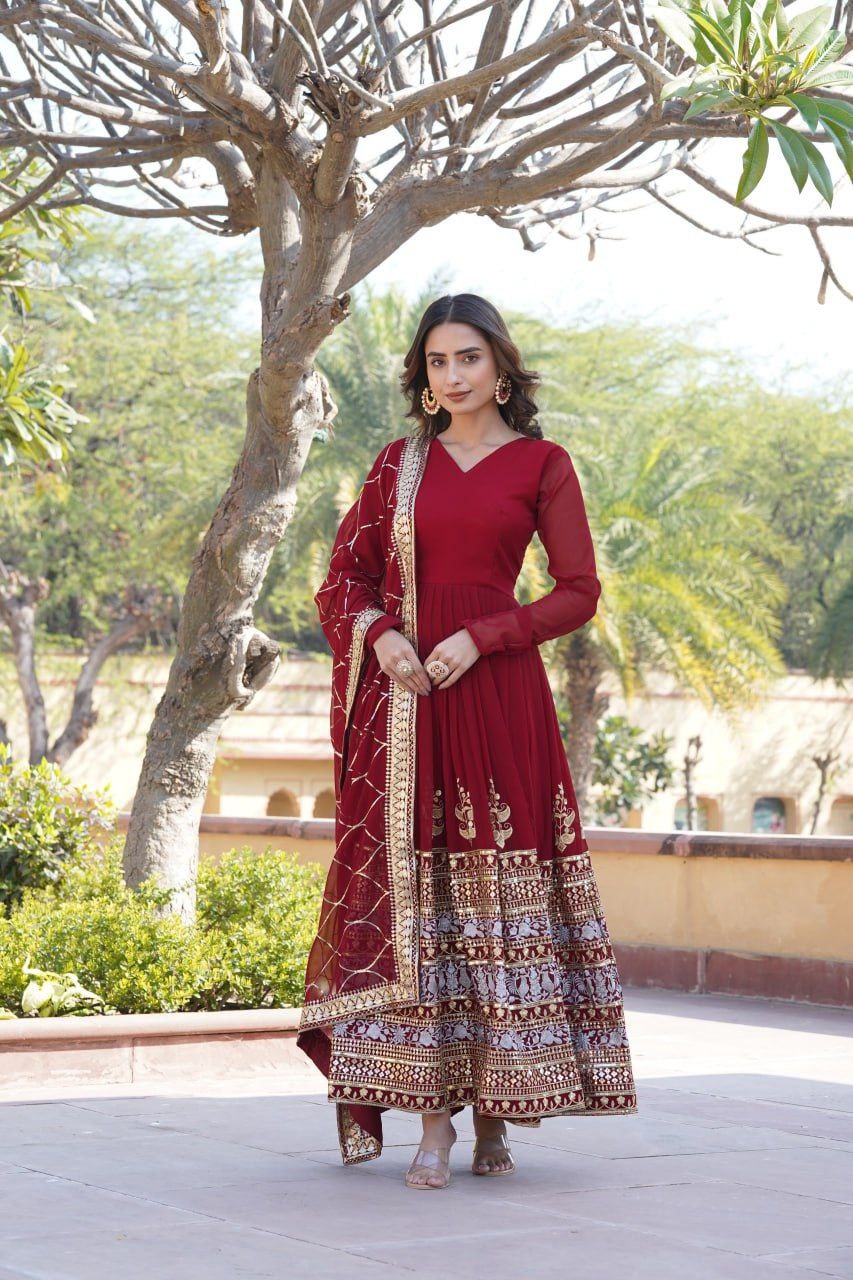 Anagha Maroon Georgette Embroidered Anarkali Gown Set