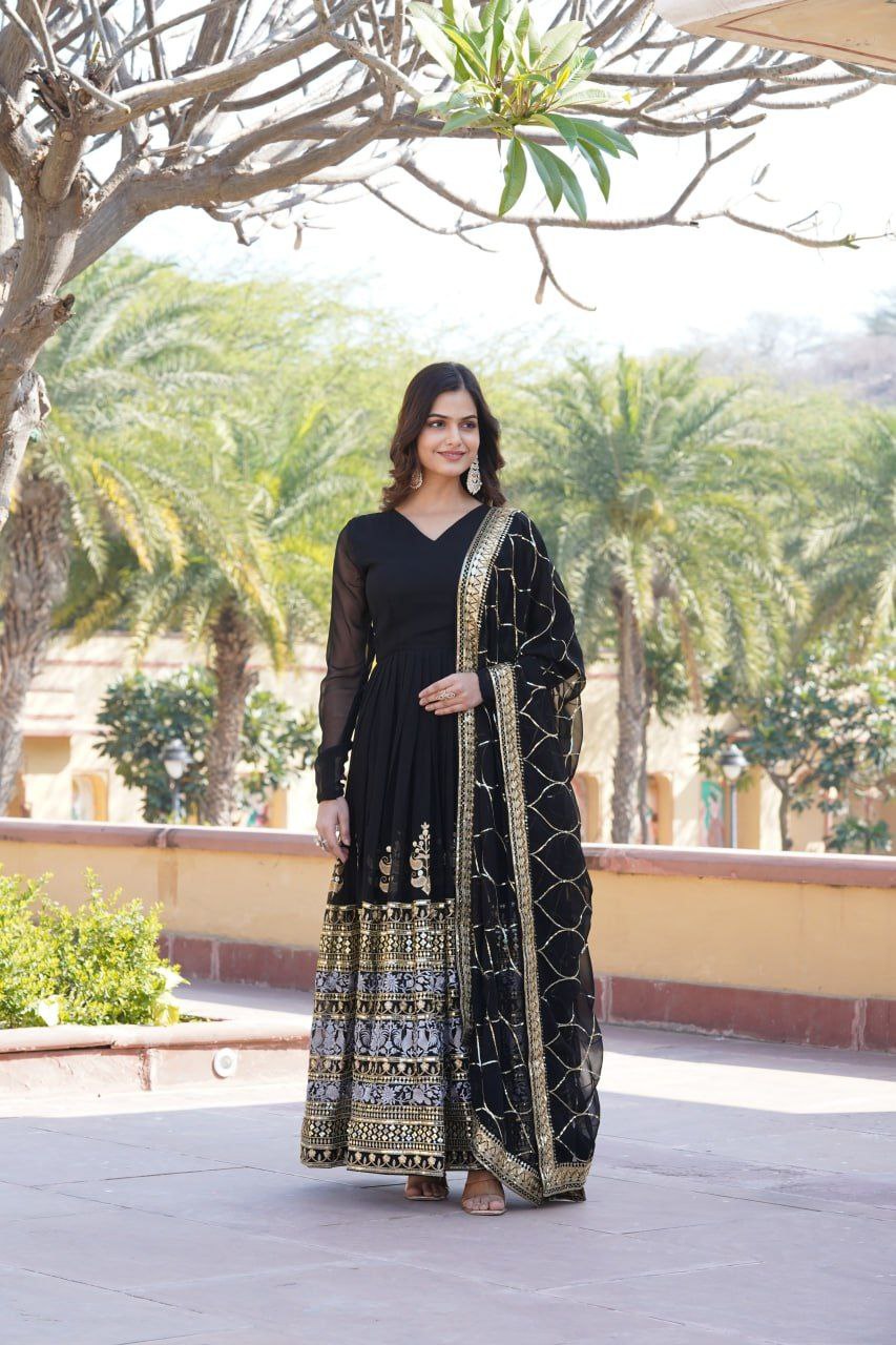 Anagha Black Georgette Embroidered Anarkali Gown Set