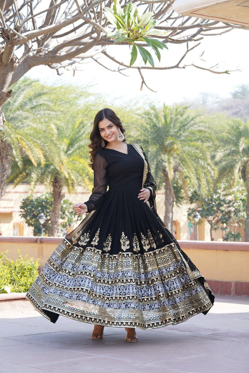 Anagha Black Georgette Embroidered Anarkali Gown Set