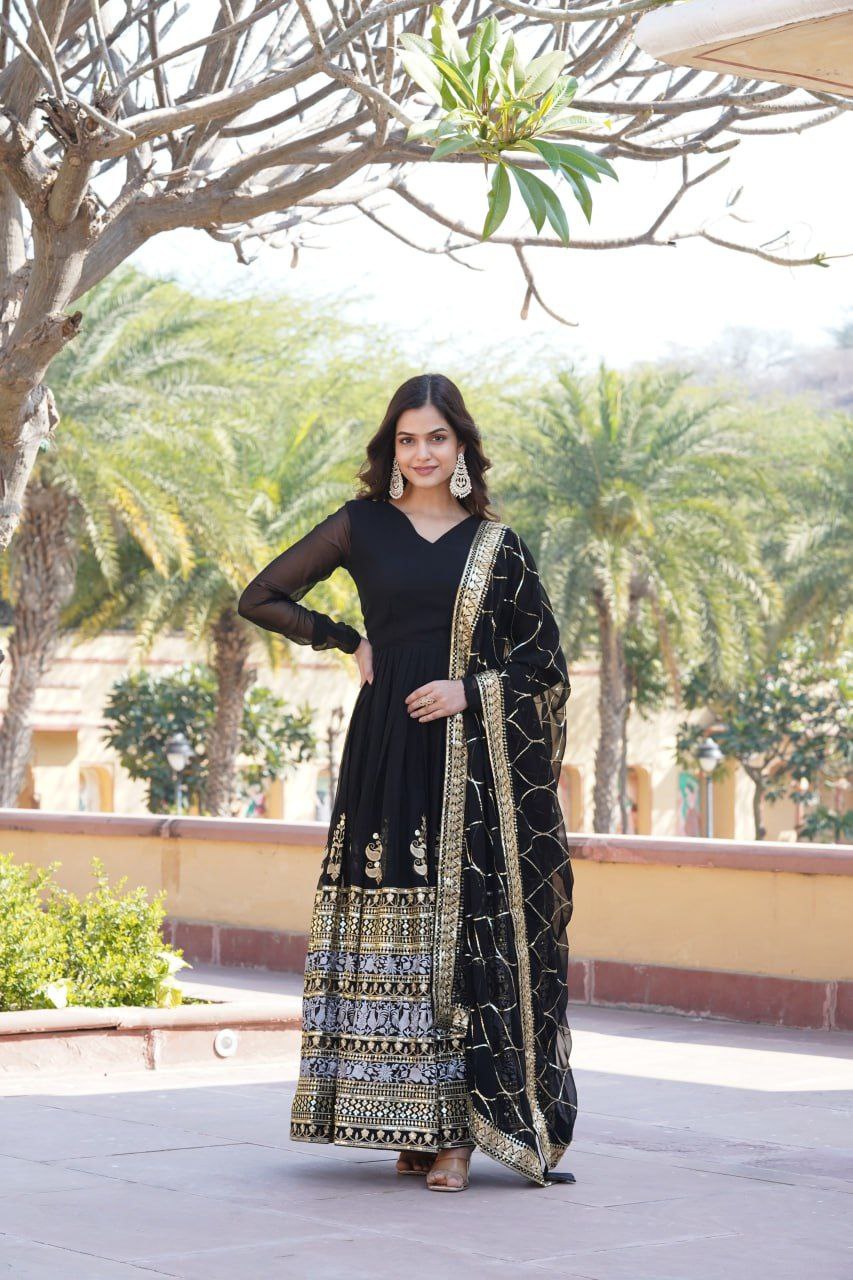 Anagha Black Georgette Embroidered Anarkali Gown Set