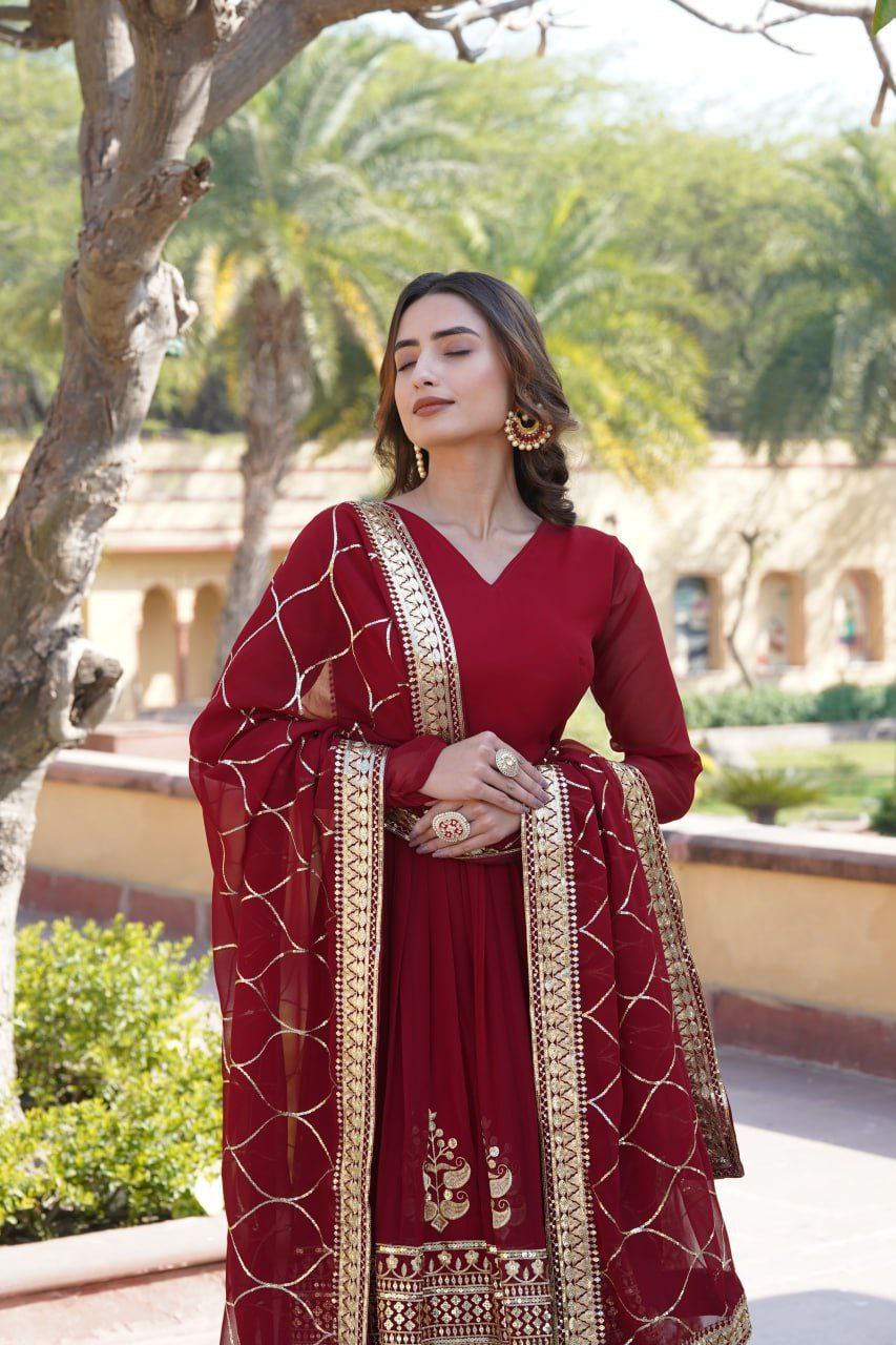 Anagha Maroon Georgette Embroidered Anarkali Gown Set