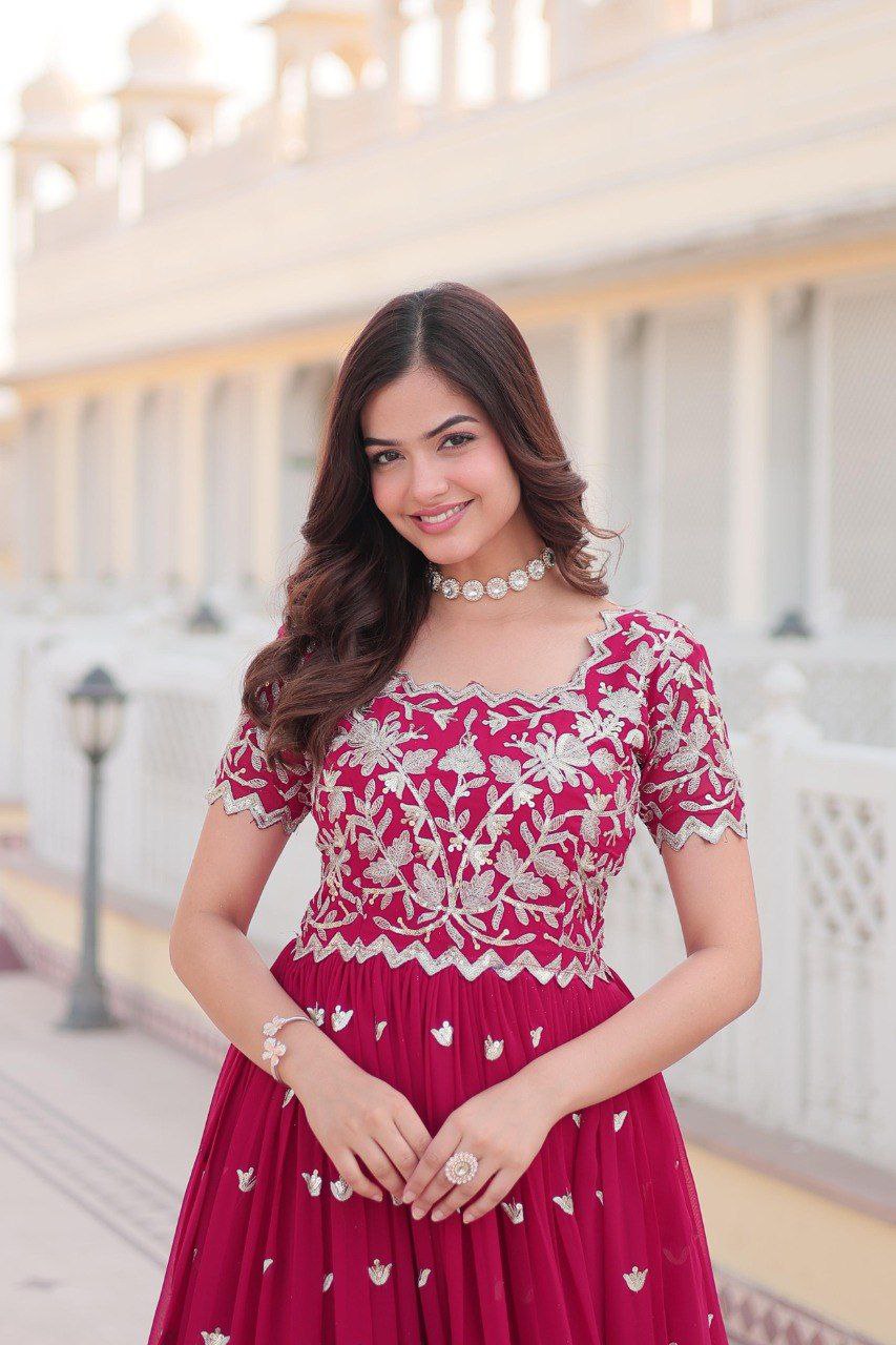 Shubhankari pink georgette half sleeve anarkali gown