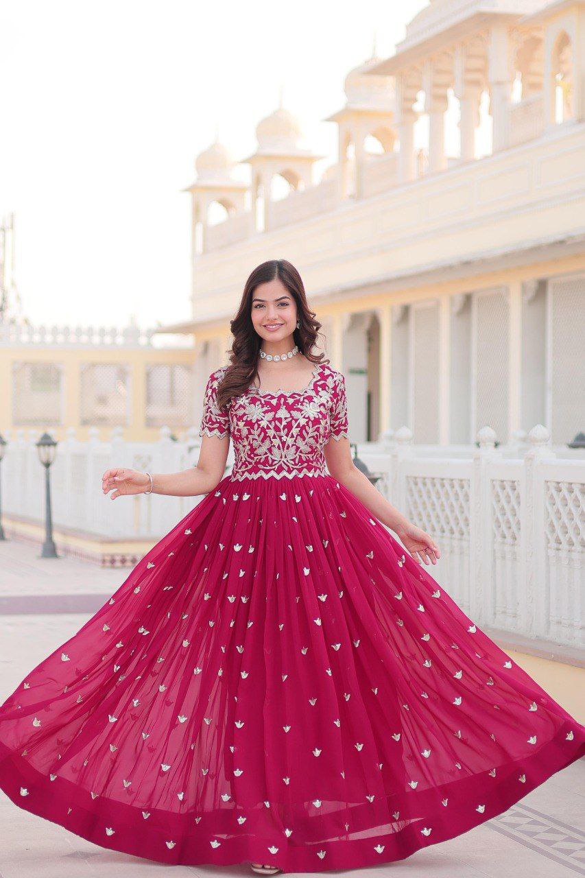 Shubhankari pink georgette half sleeve anarkali gown