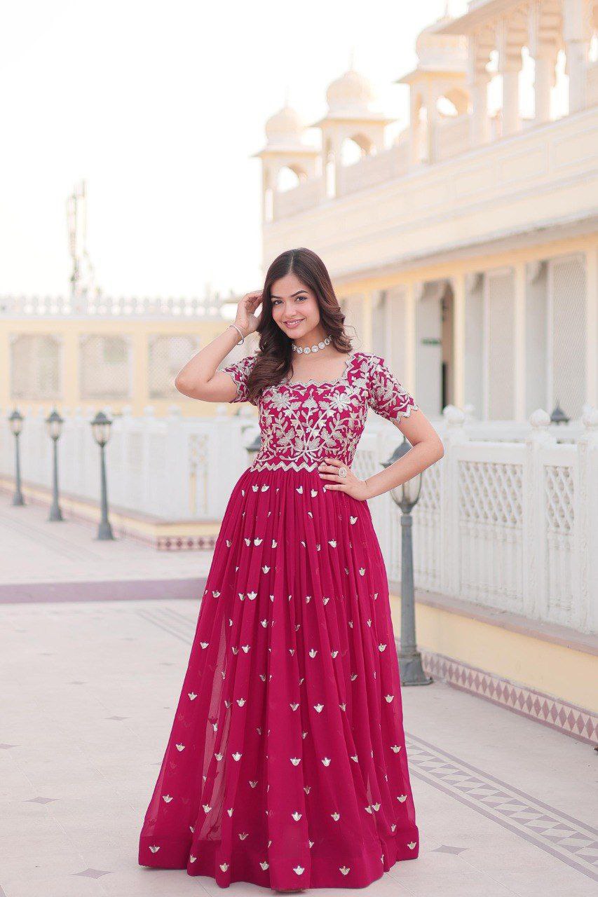 Shubhankari pink georgette half sleeve anarkali gown