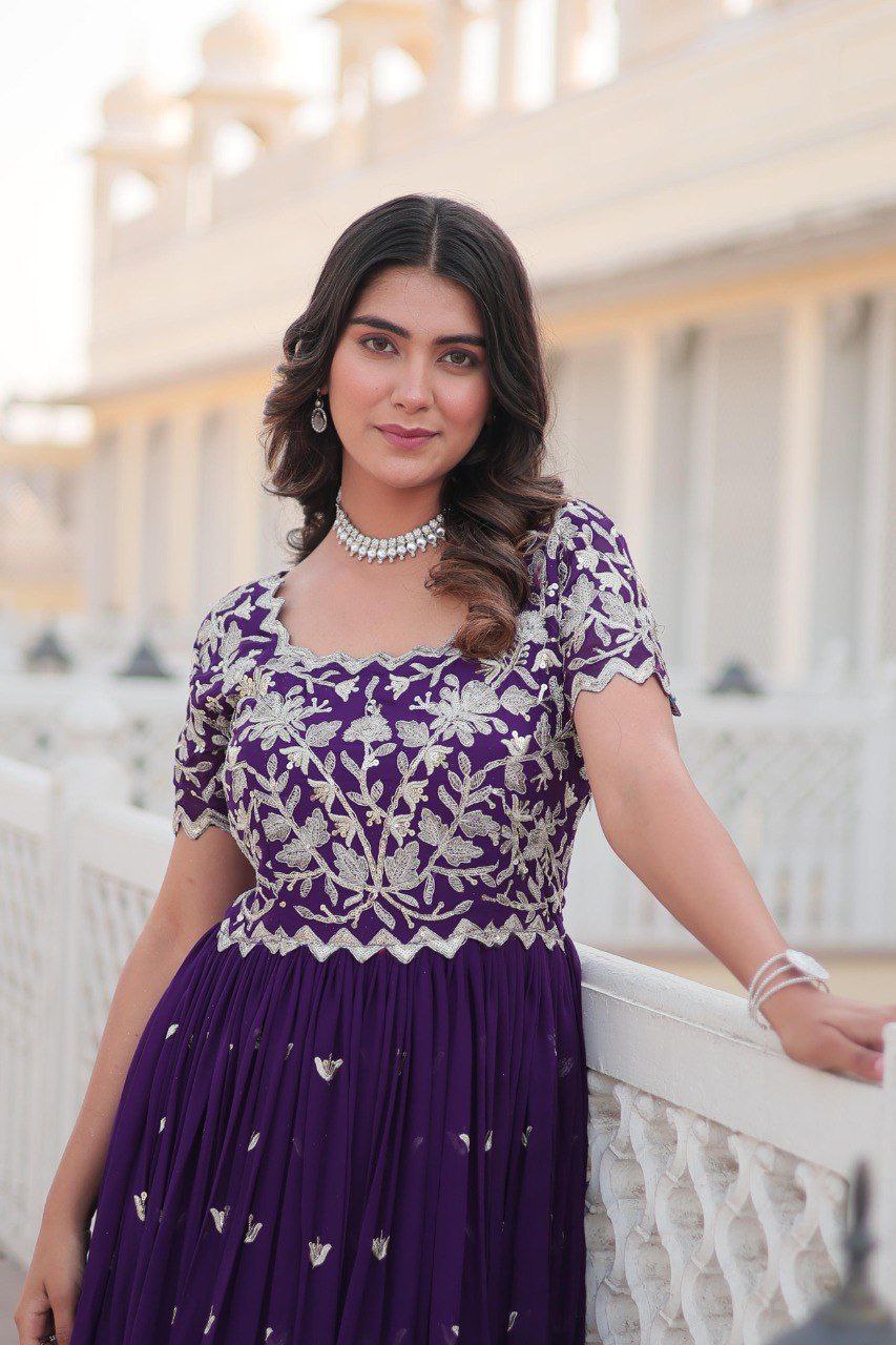 purple dress matching jewellery Purple Matching Ornaments For Gown Shubhankari Purple Georgette Half Sleeve Anarkali Gown M