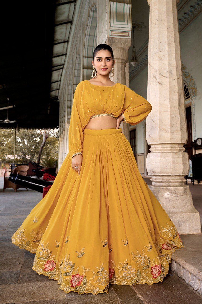Sequin sparkle georgette ready to wear yellow lehenga set