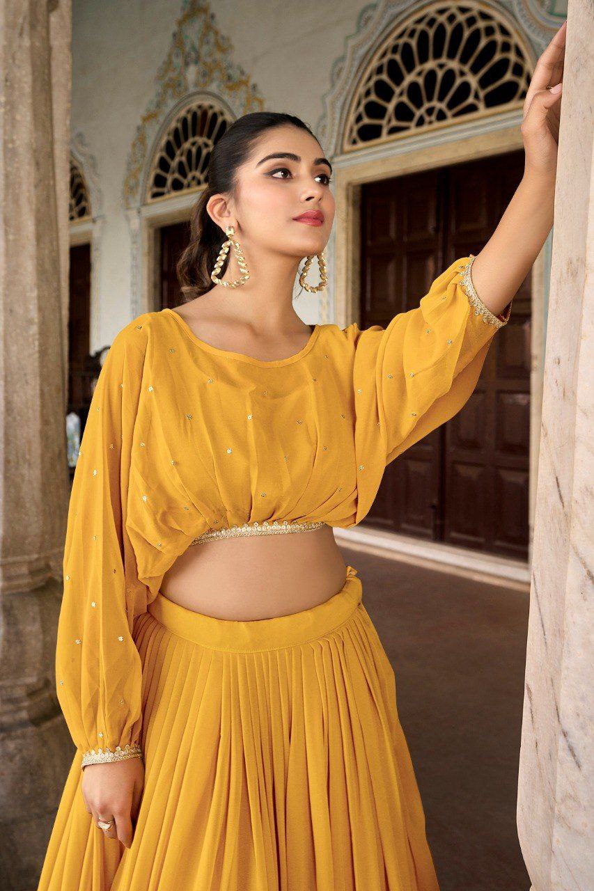 Sequin sparkle georgette ready to wear yellow lehenga set
