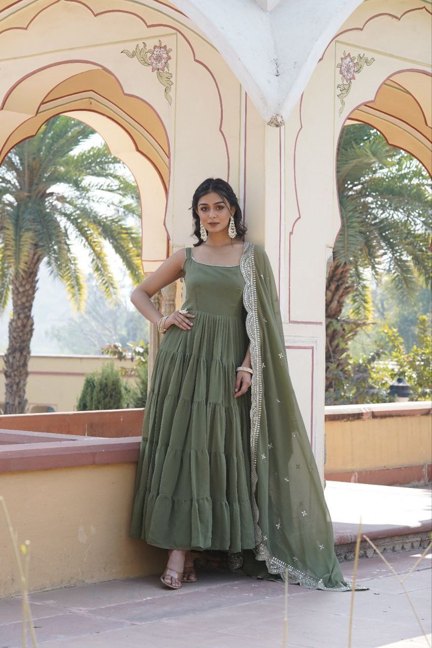 Manohari green georgette anarkali gown suit set
