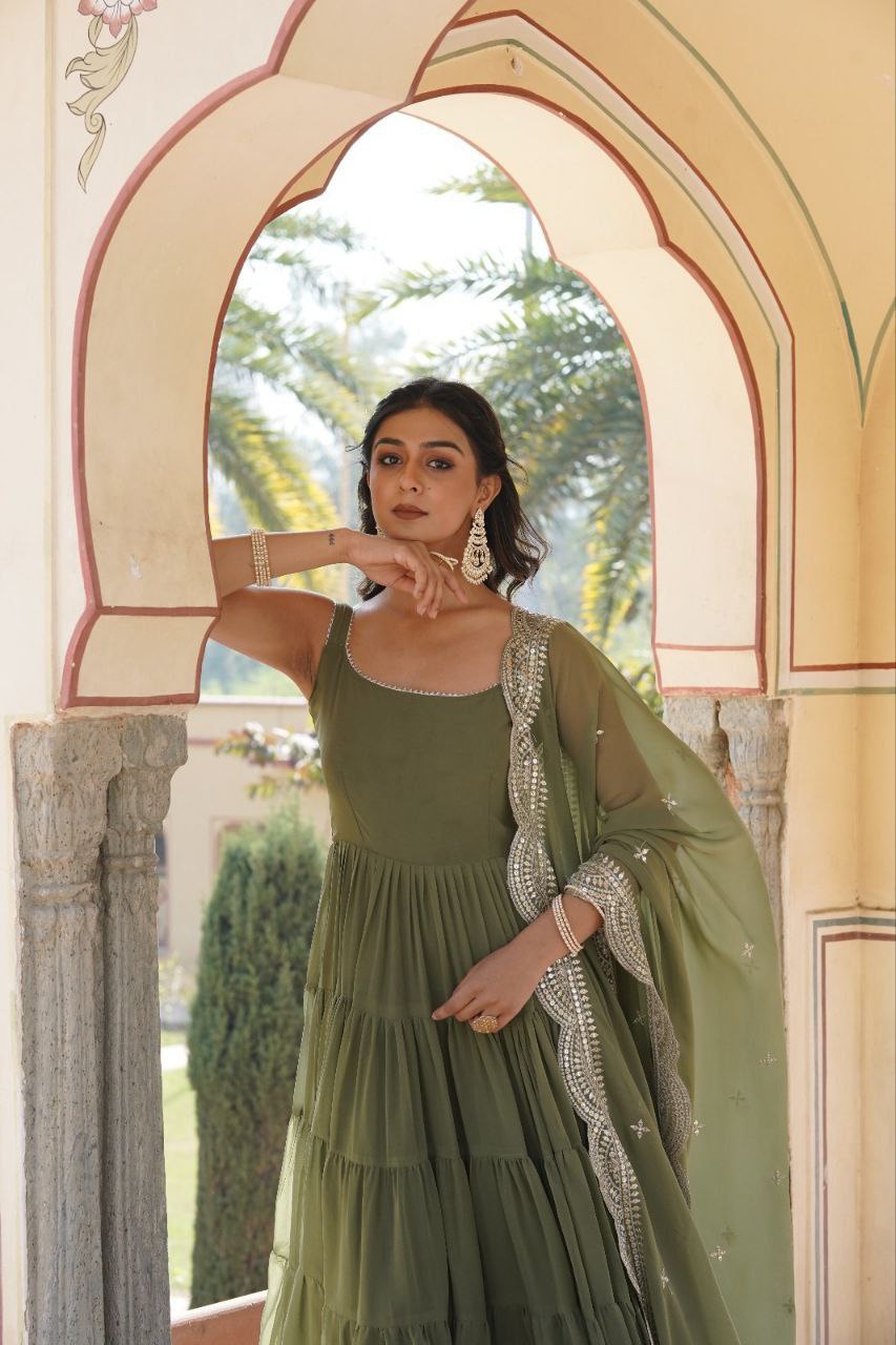 Manohari green georgette anarkali gown suit set
