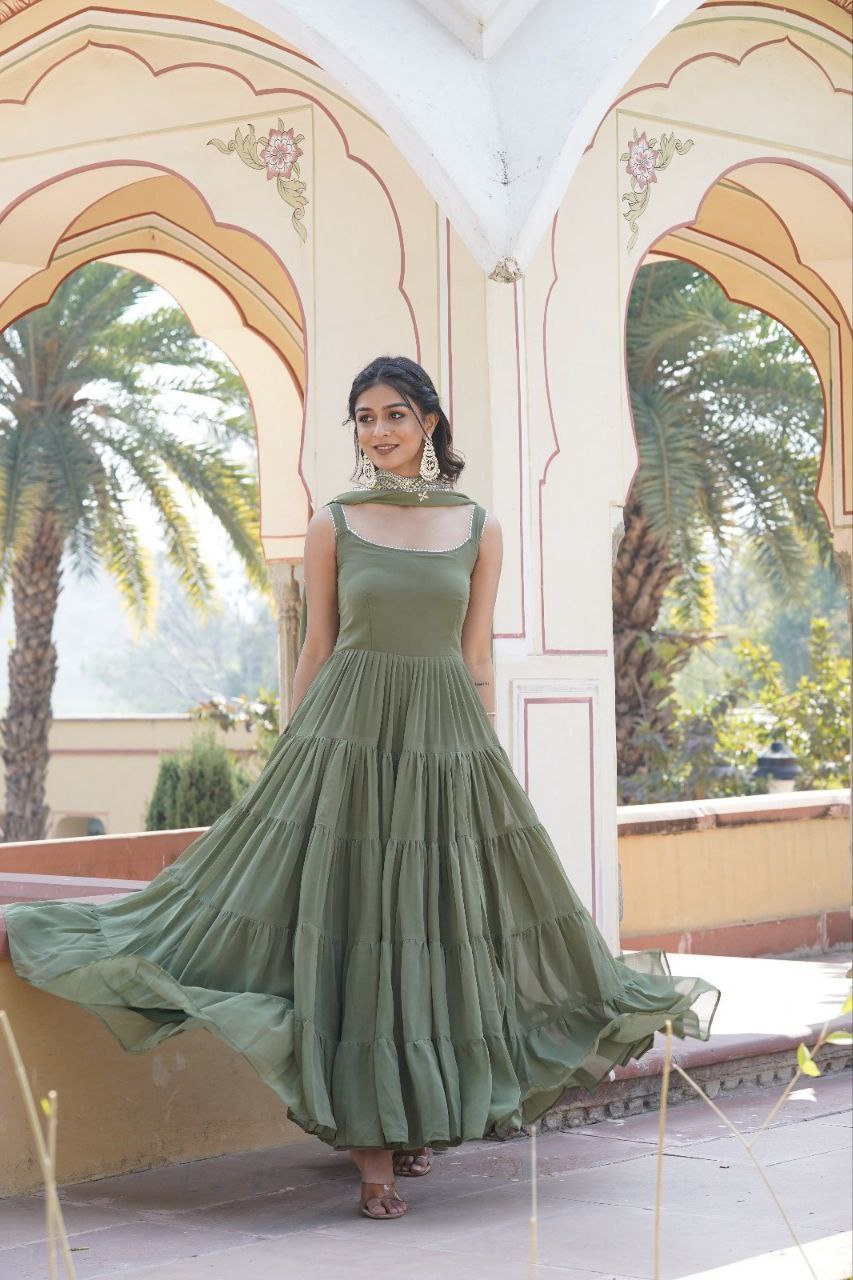 Manohari green georgette anarkali gown suit set