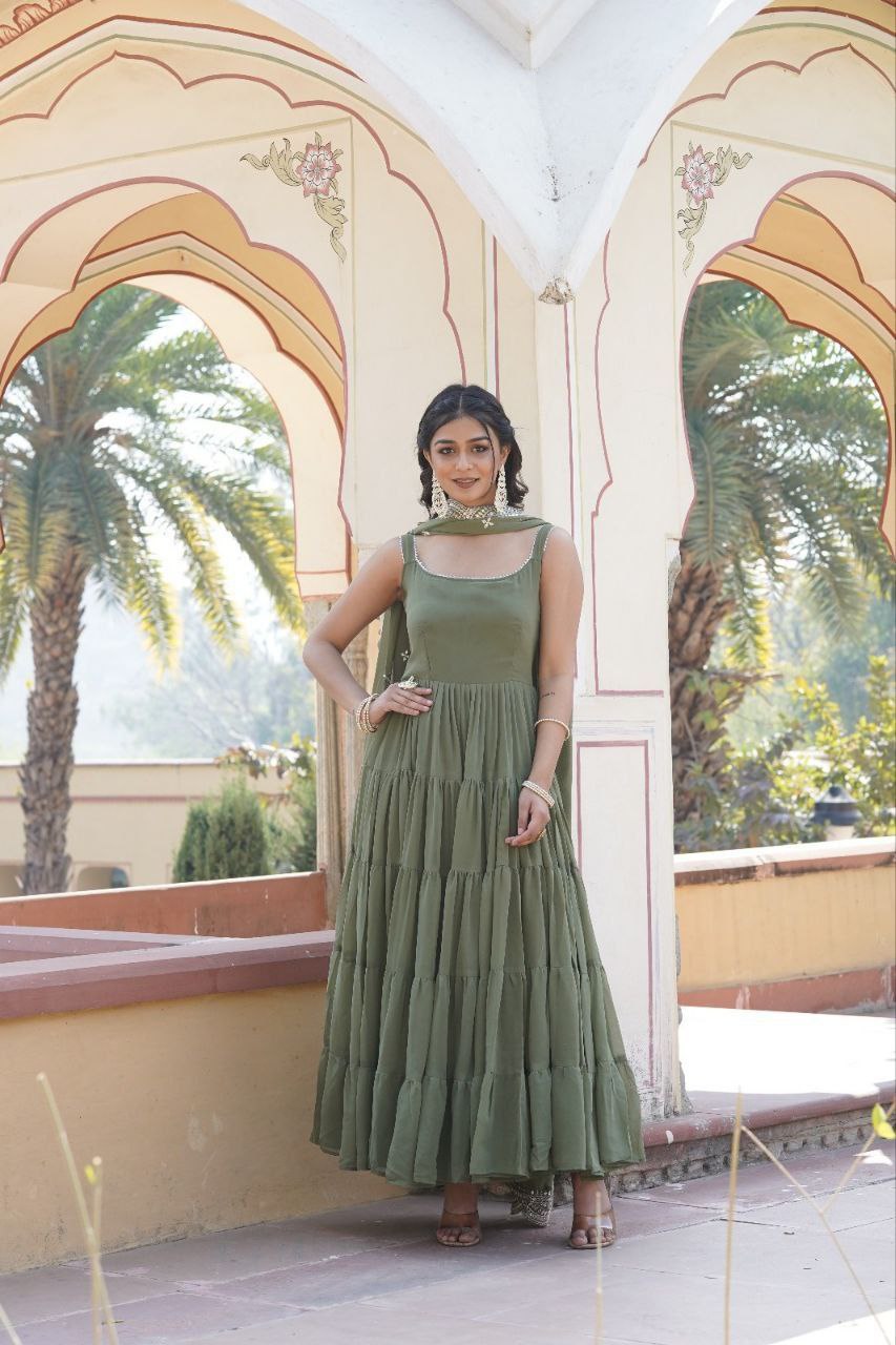 Manohari green georgette anarkali gown suit set