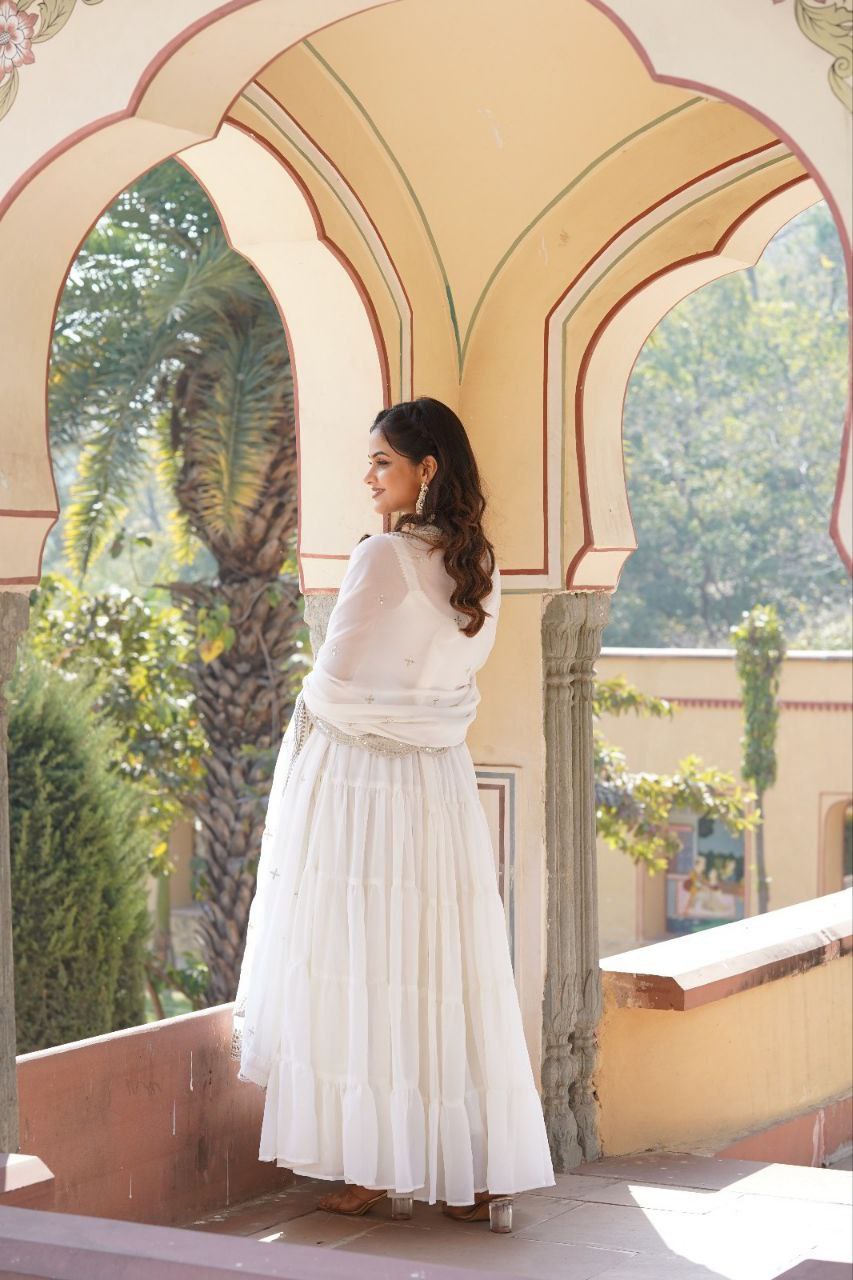 Manohari white georgette anarkali gown suit set