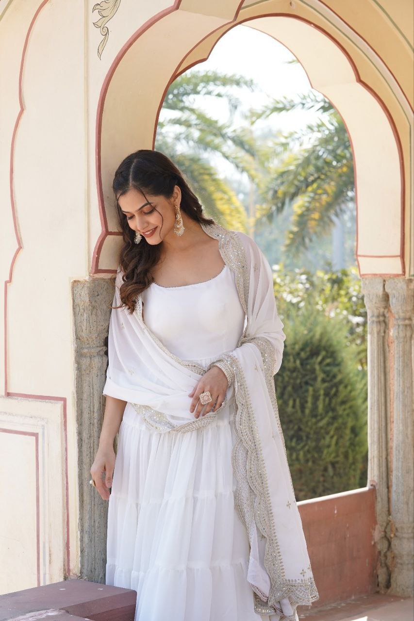 Manohari white georgette anarkali gown suit set