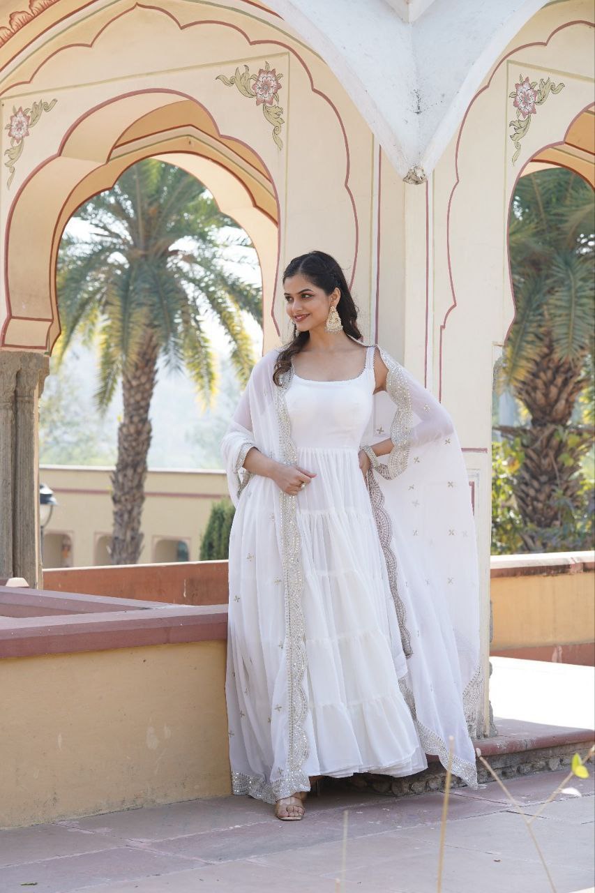 Manohari white georgette anarkali gown suit set