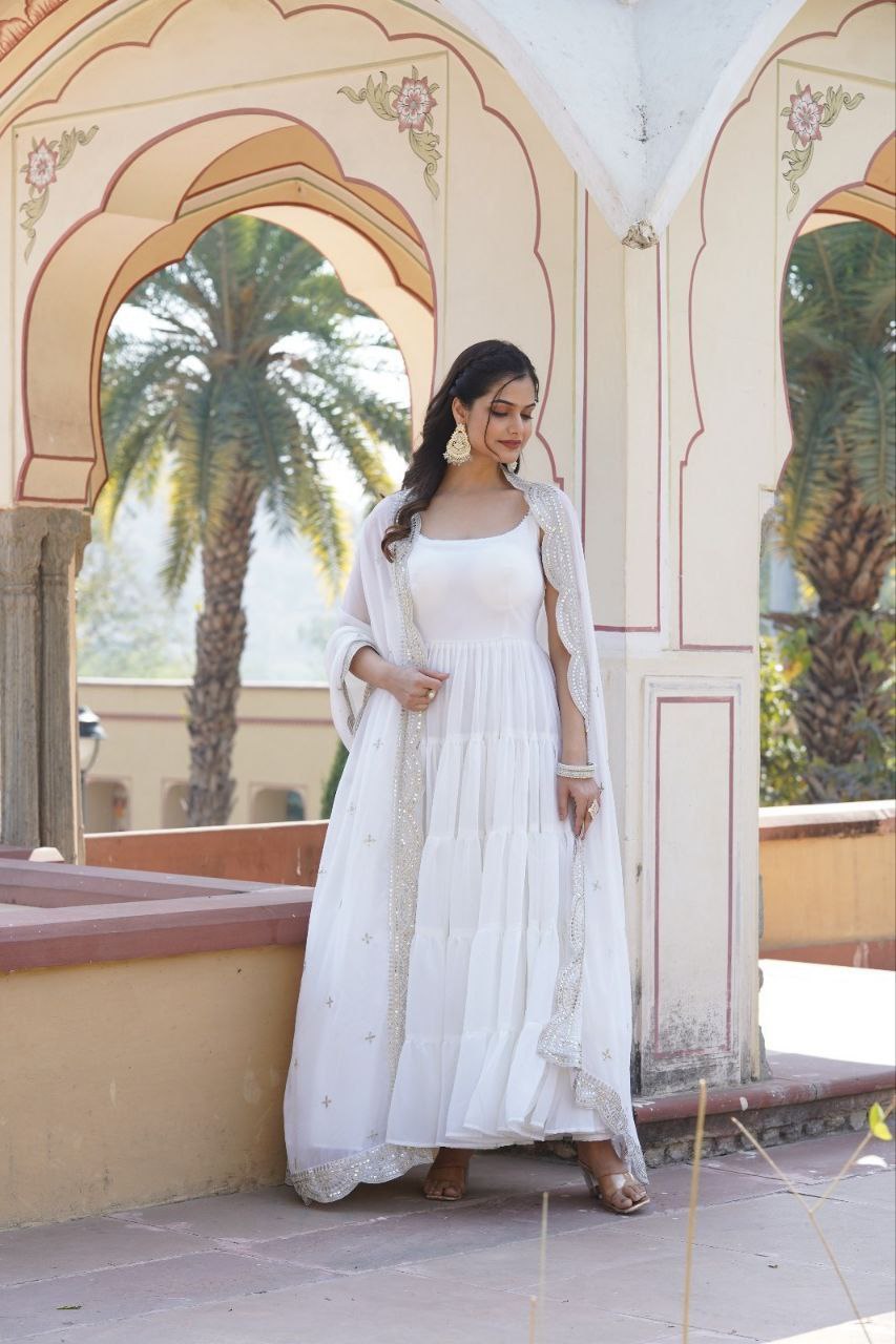 Manohari white georgette anarkali gown suit set