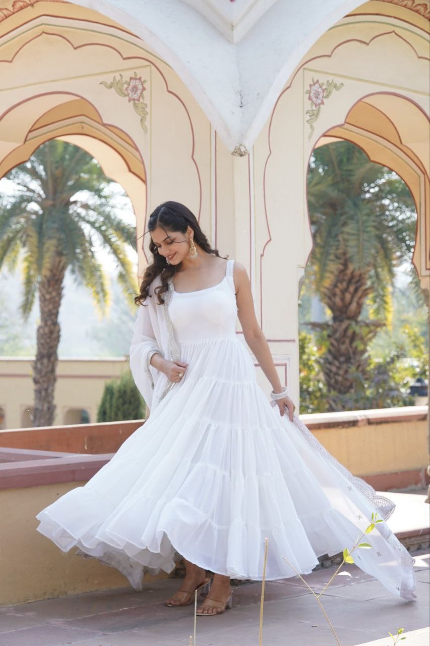 Manohari white georgette anarkali gown suit set