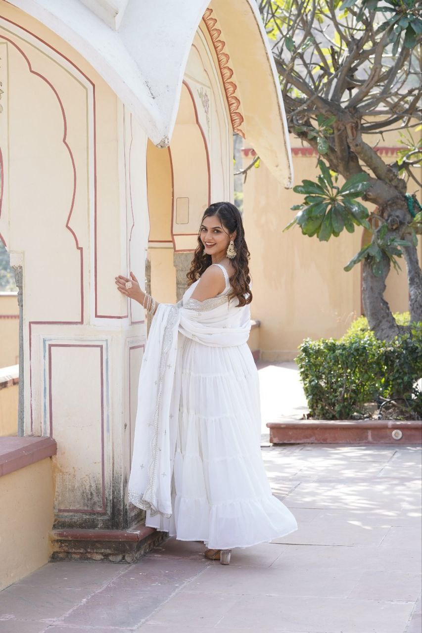 Manohari white georgette anarkali gown suit set