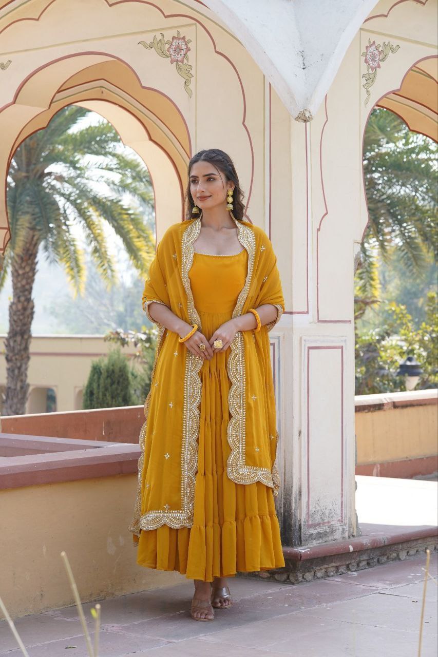 Manohari yellow georgette anarkali gown suit set
